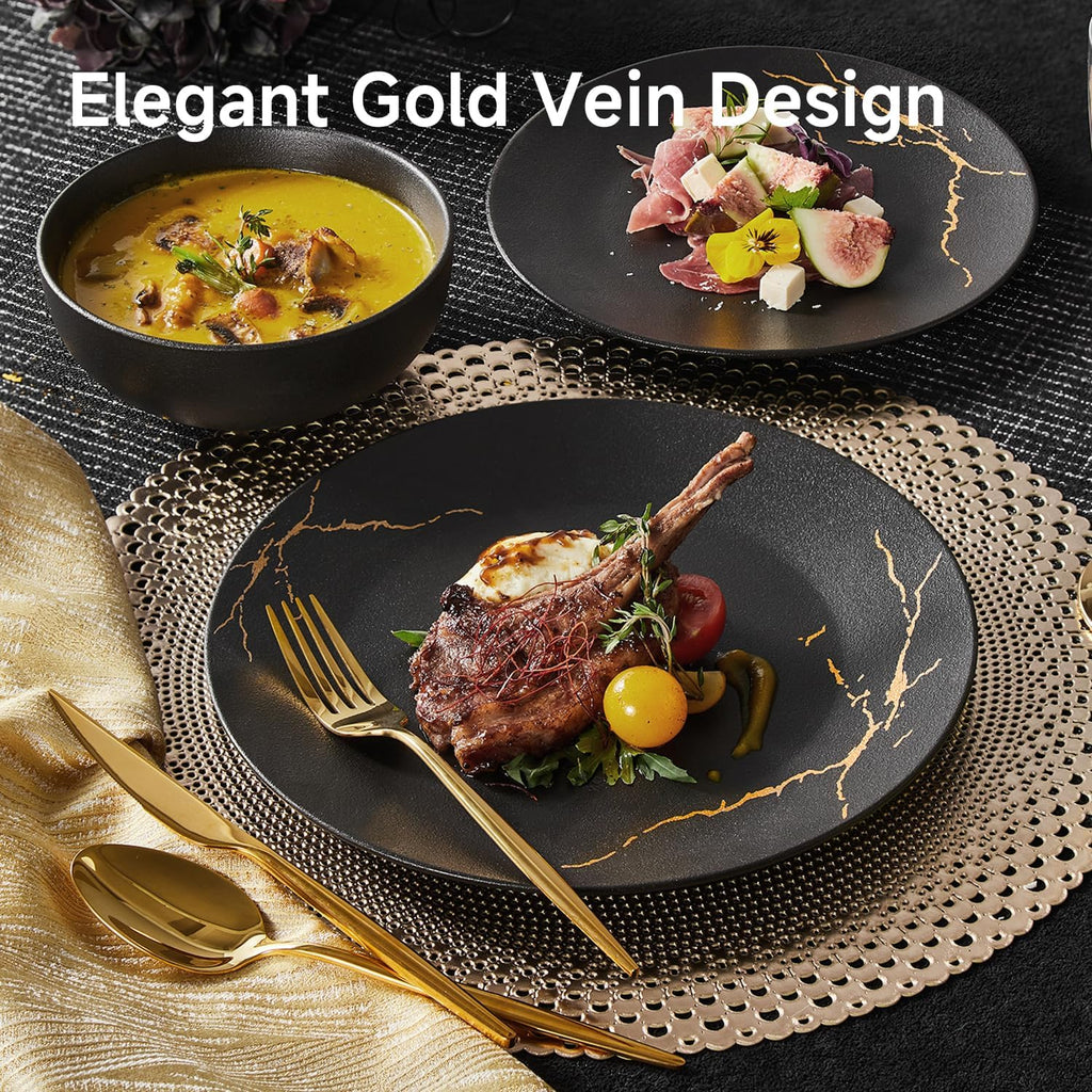 KINGSTONE Dinnerware Sets for 8, Black & Gold Plates and Bowls Sets Matte Vein Dish Set, Modern Luxury Tableware Dinner Salad Plate bowl, for Home Wedding Party Gifts (24 Piece)
