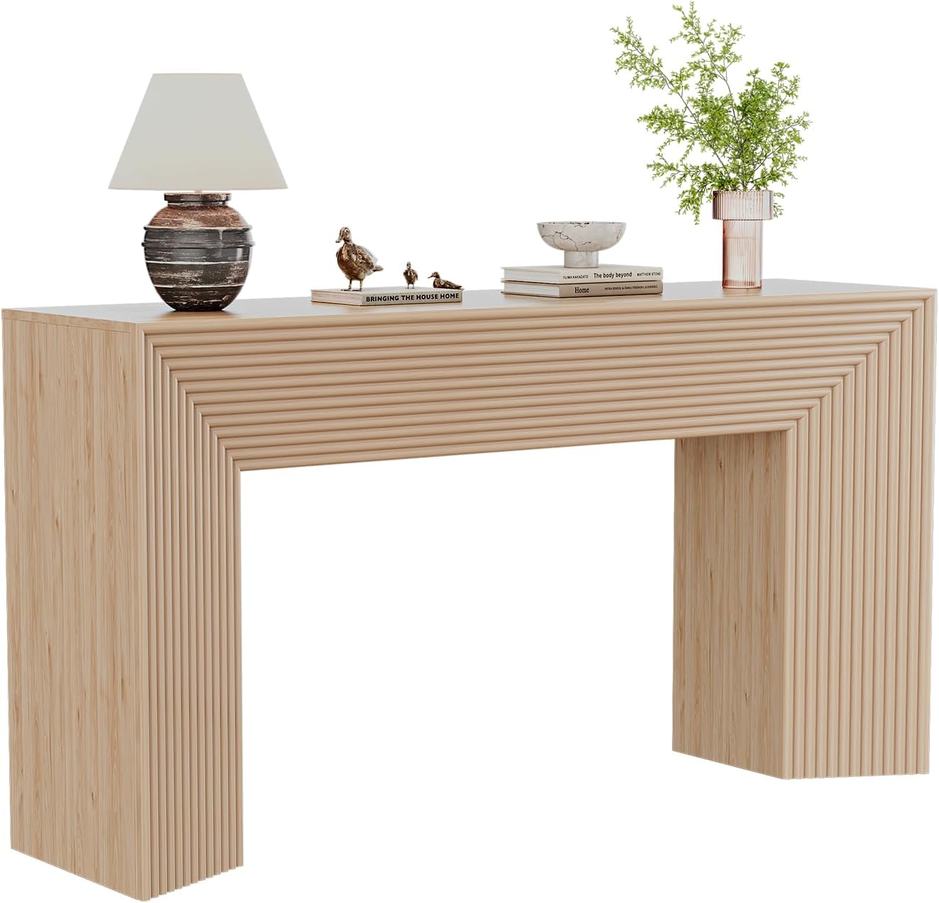 55-Inch Wood Entryway Table with Storage, Narrow Long Sofa Table Behind Couch, Fluted Console Table for Entryway, Hallway, Living Room, Accent Table for Decoration and Organization, Natural Wood