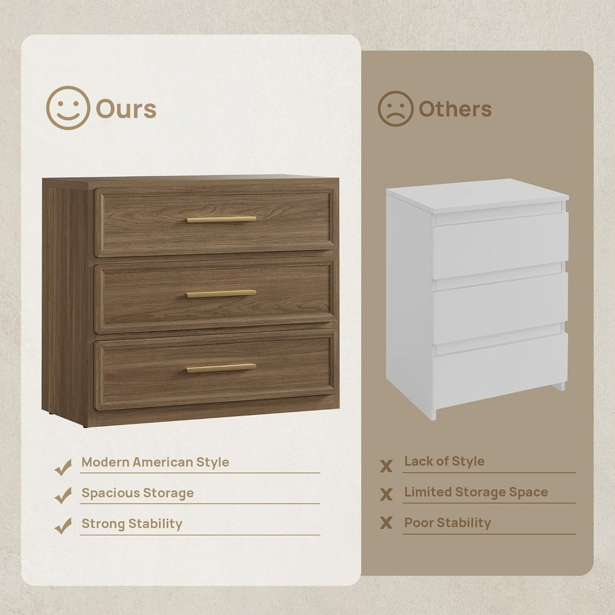 SICOTAS Night Stand Oversized Extra Large Nightstand Tall Bedside Side Table with 3 Drawers with Storage Modern End Table with Golden Handles Night Stands for Bedroom Sofa Couch Office