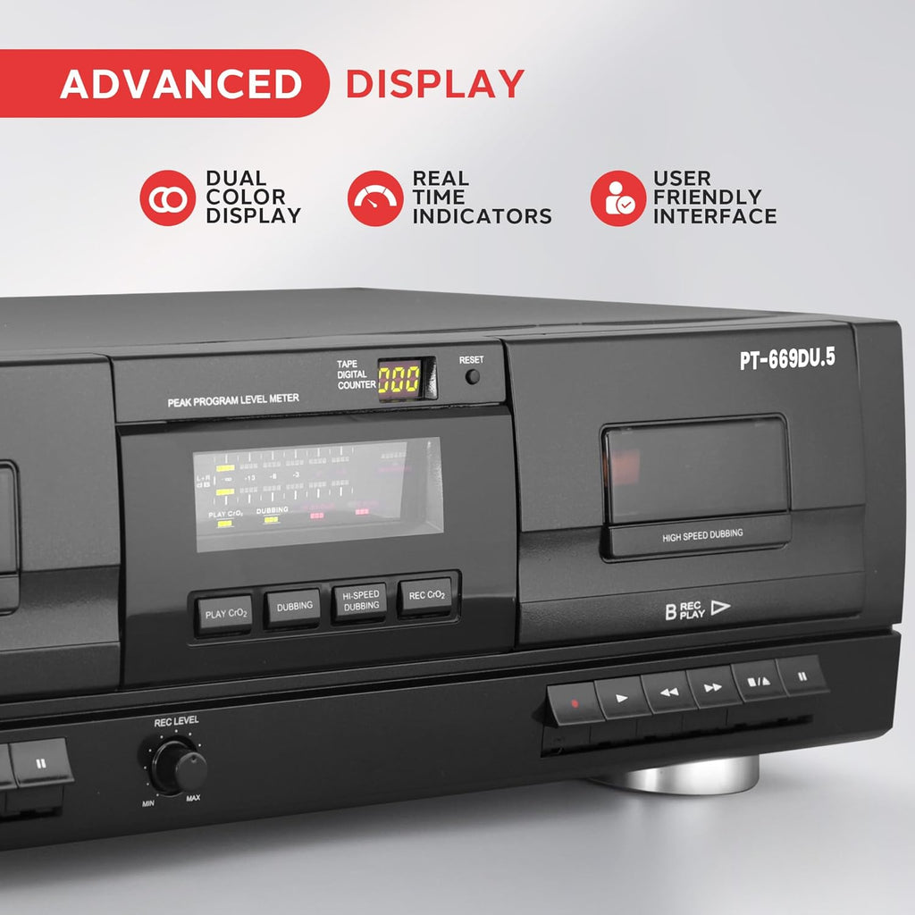 Pyle Dual Stereo Cassette Tape Deck - Clear Audio Double Player Recorder System w/ MP3 Music Converter, RCA for Recording, Dubbing, USB, Retro Design - For Standard / CrO2 Tapes, Home Use - PT659DU
