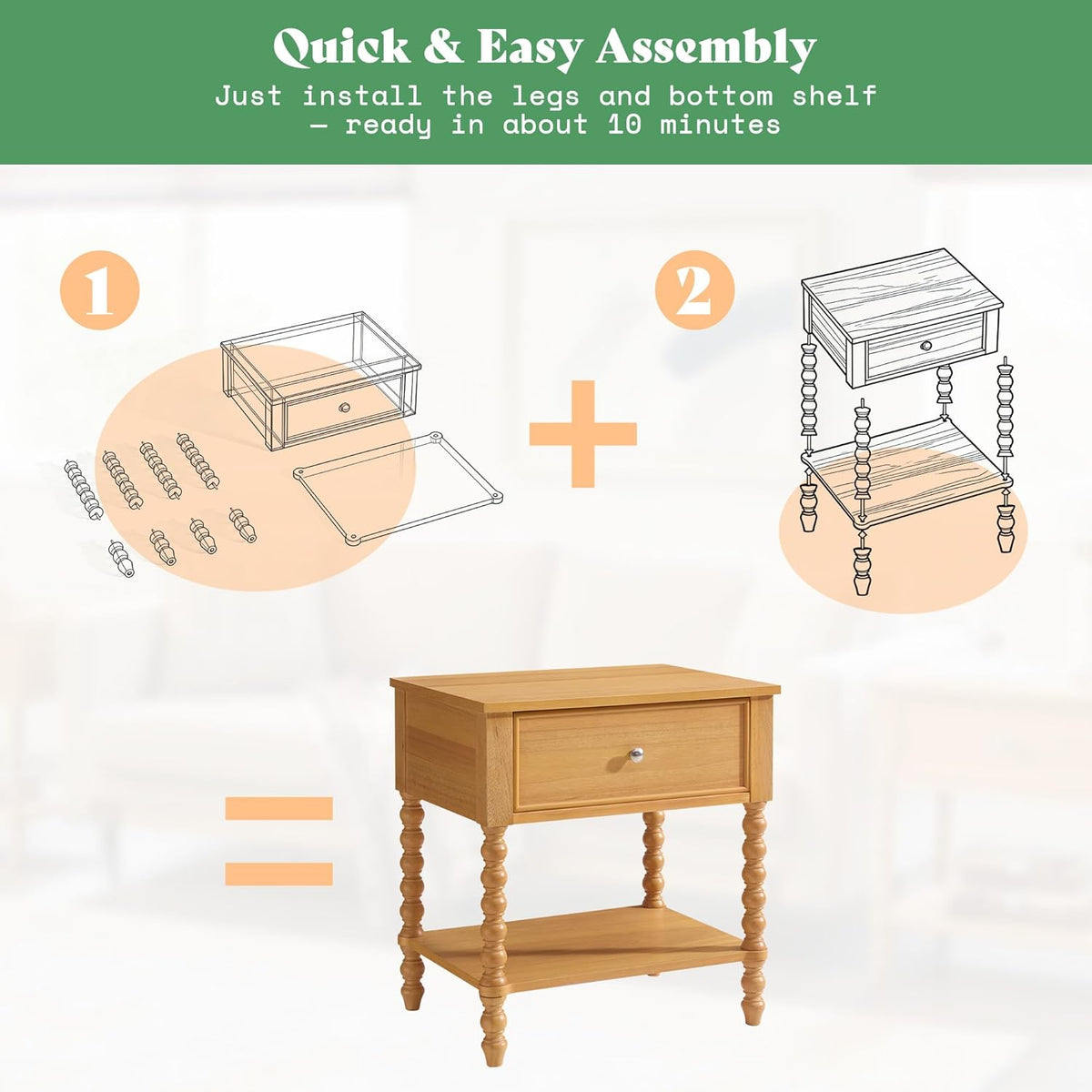 AMERLIFE 24" Wood Nightstand Set of 2, Vintage Bedside Table for Bedroom, Solid Wood Night Stand with Turned Legs, End Table with Drawer & Open Shelf, Natural Finish