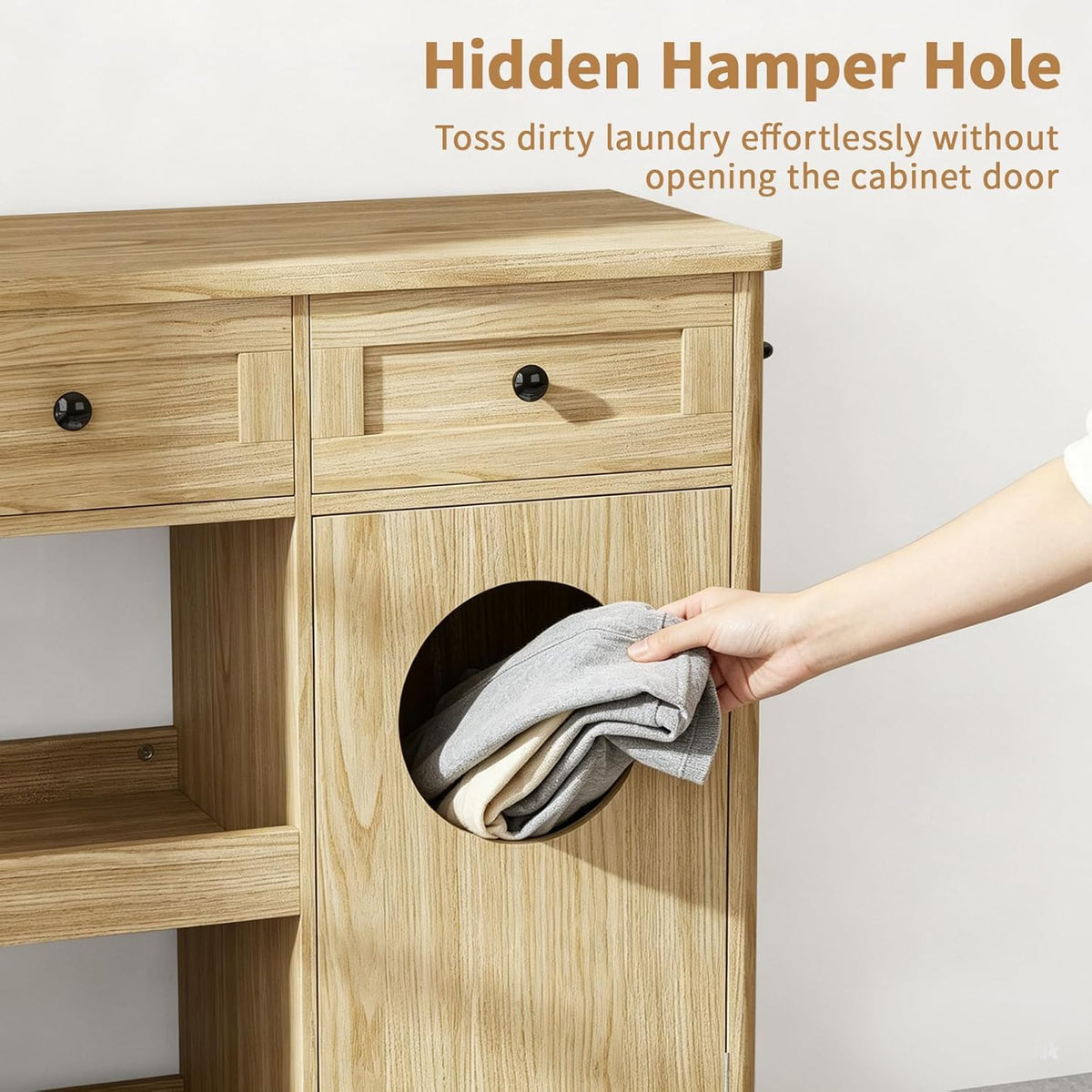 Laundry Hamper Cabinet, Hidden Laundry Storage Cabinet with 2 Drawers & Shelves, Removable Baskets Laundry Hamper with Clothes-Toss Hole for Bathroom, Bedroom, Living Room,Oak