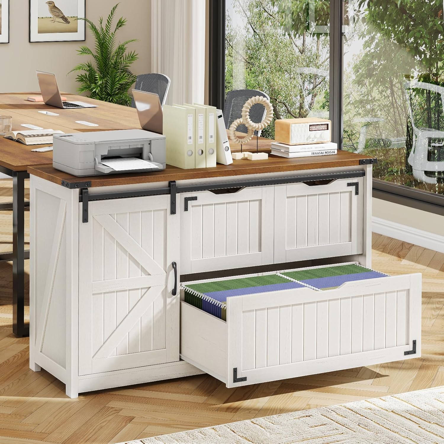 Halitaa 47.8” Farmhouse Lateral File Cabinet with Sliding Barn Door, 3 Drawers Filing Storage Cabinets with Adjustable Shelf, Office Printer Stand for Hanging Files Letter/Legal/A4/F4.Off White