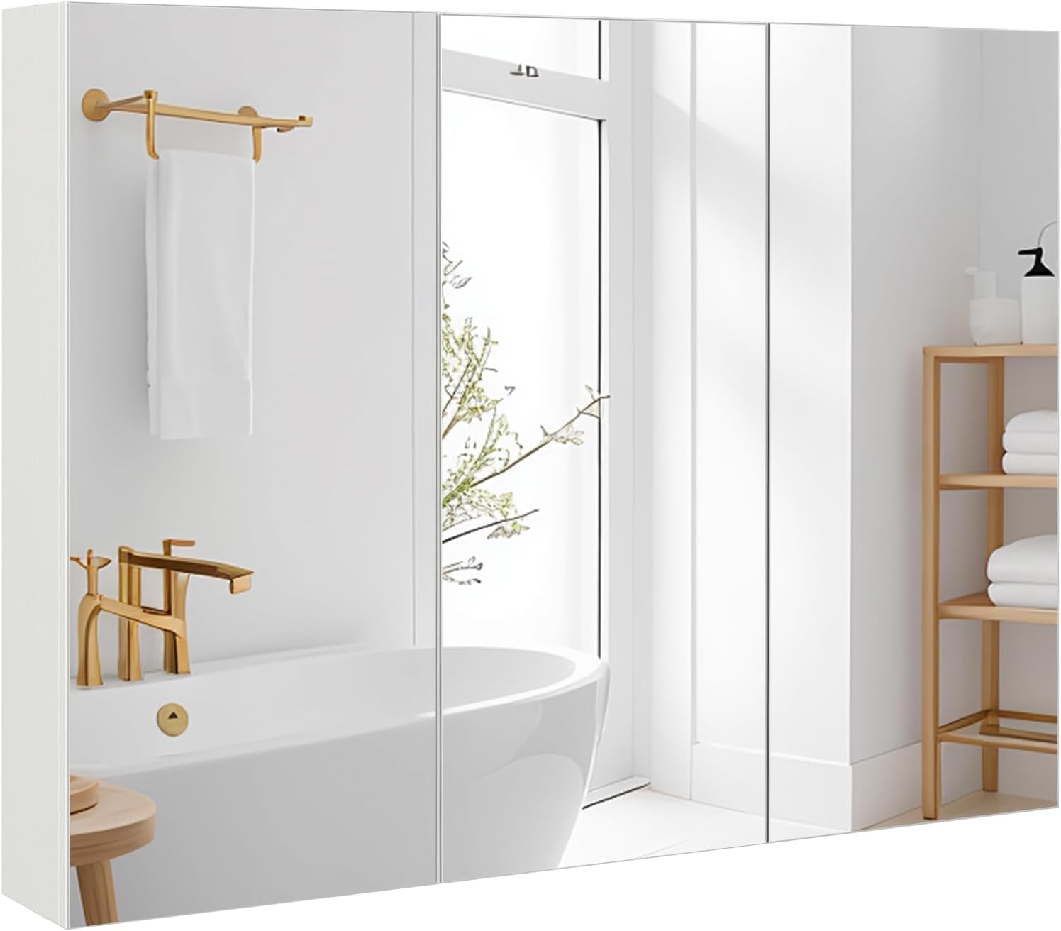 NAFORT Mirrored Medicine Cabinet, 3-Door Wall Mounted Storage Cabinet with Adjustable Shelves, Large Bathroom Wall Cabinet Organizer with Frameless Mirrors, Recessed or Surface Mount