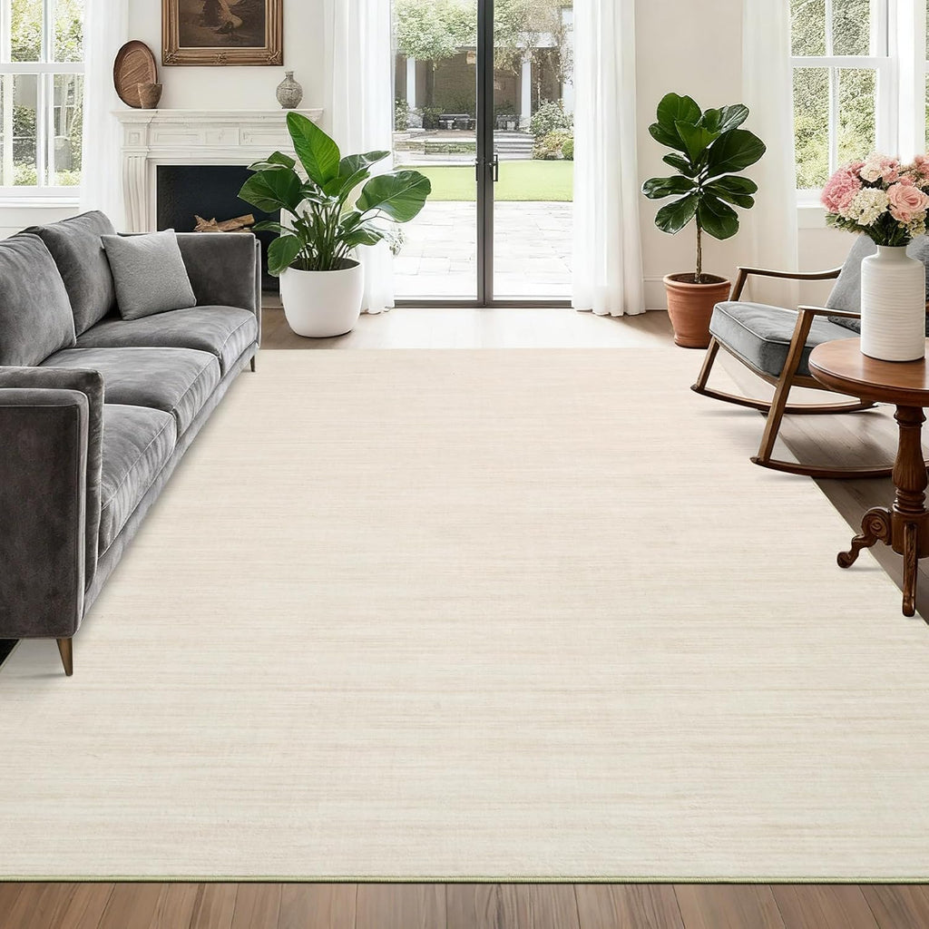 9x12 Area Rugs for Living Room Washable Solid Large Bedroom Rugs Non Slip Soft Modern Abstract Dining Room Throw Carpet Minimalist Classic Plain Area Rug for Nursery Kitchen Home Office, Ivory 9x12