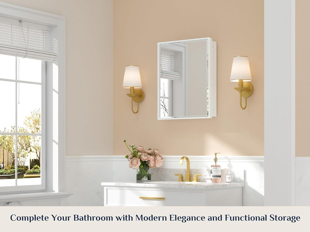 Keonjinn 20" x 26" White Medicine Cabinets for Bathroom with Mirror, Recessed or Surface Wall-Mounted Aluminum Alloy Framed Beveled Mirror, Single Door Farmhouse Bathroom Mirror with Storage Cabinet
