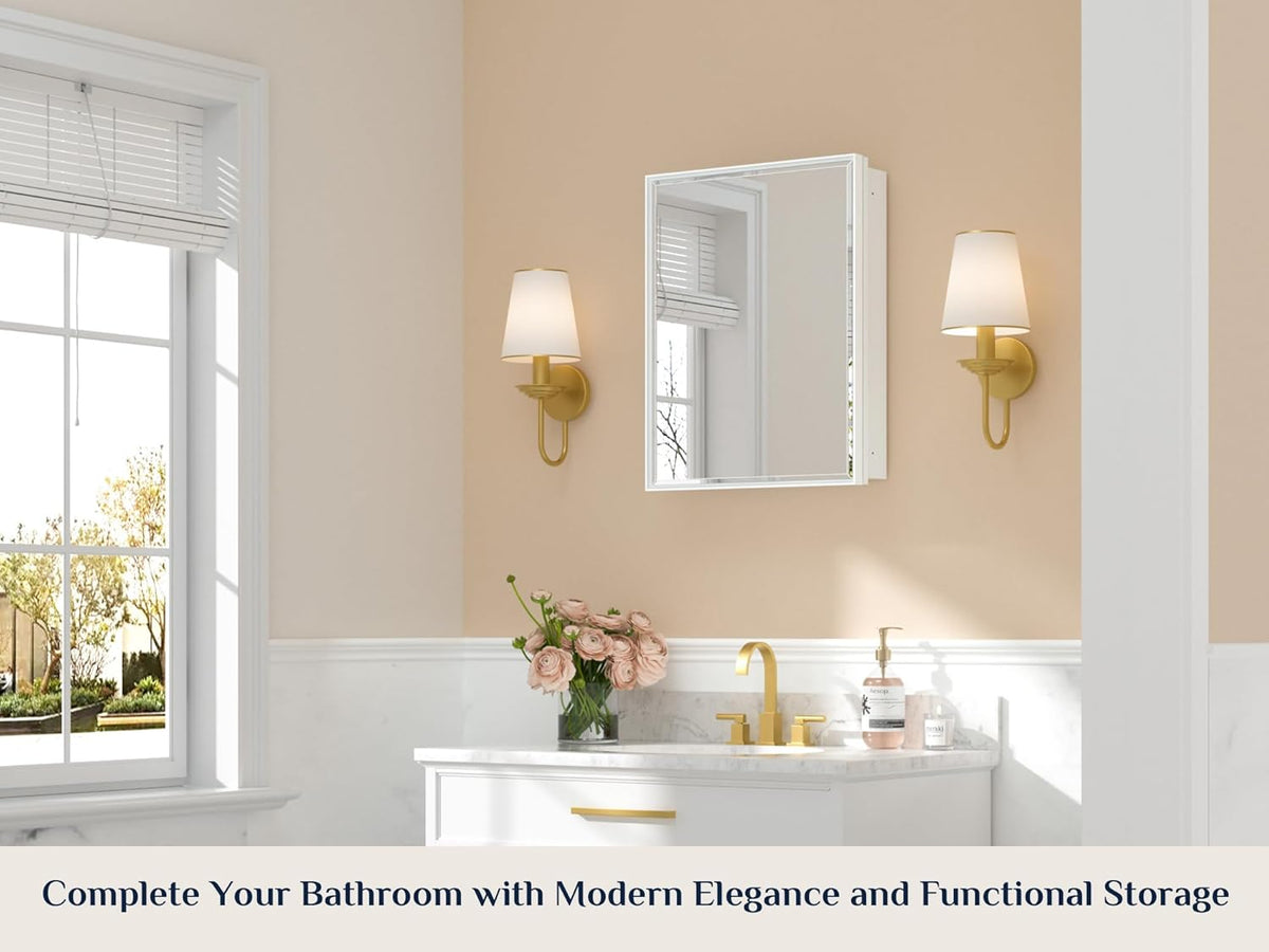 Keonjinn 20" x 26" White Medicine Cabinets for Bathroom with Mirror, Recessed or Surface Wall-Mounted Aluminum Alloy Framed Beveled Mirror, Single Door Farmhouse Bathroom Mirror with Storage Cabinet