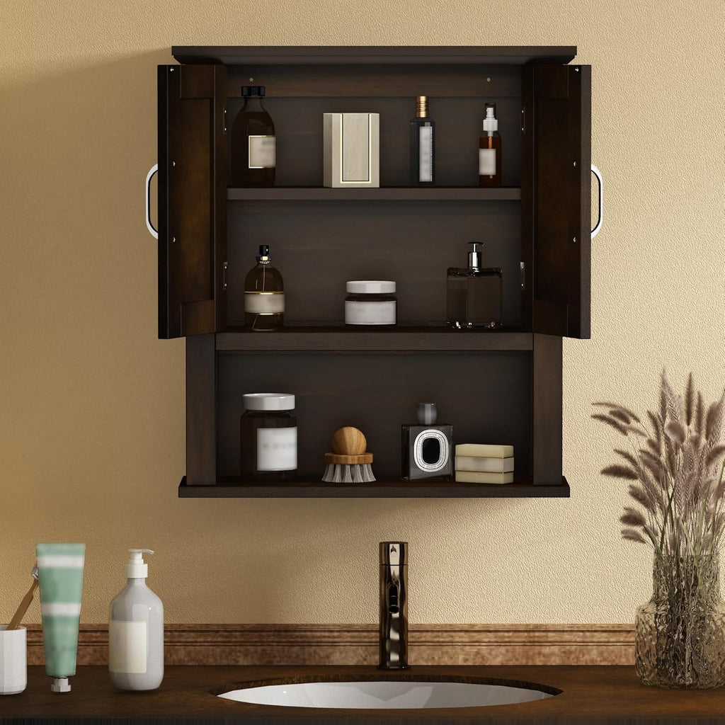 ChooChoo Wood Wall Cabinet with Doors, Medicine Cabinet with Adjustable Shelves Over The Toilet, Rustic Cabinet Wall Mounted for Bathroom, Kitchen, Living Room, Walnut