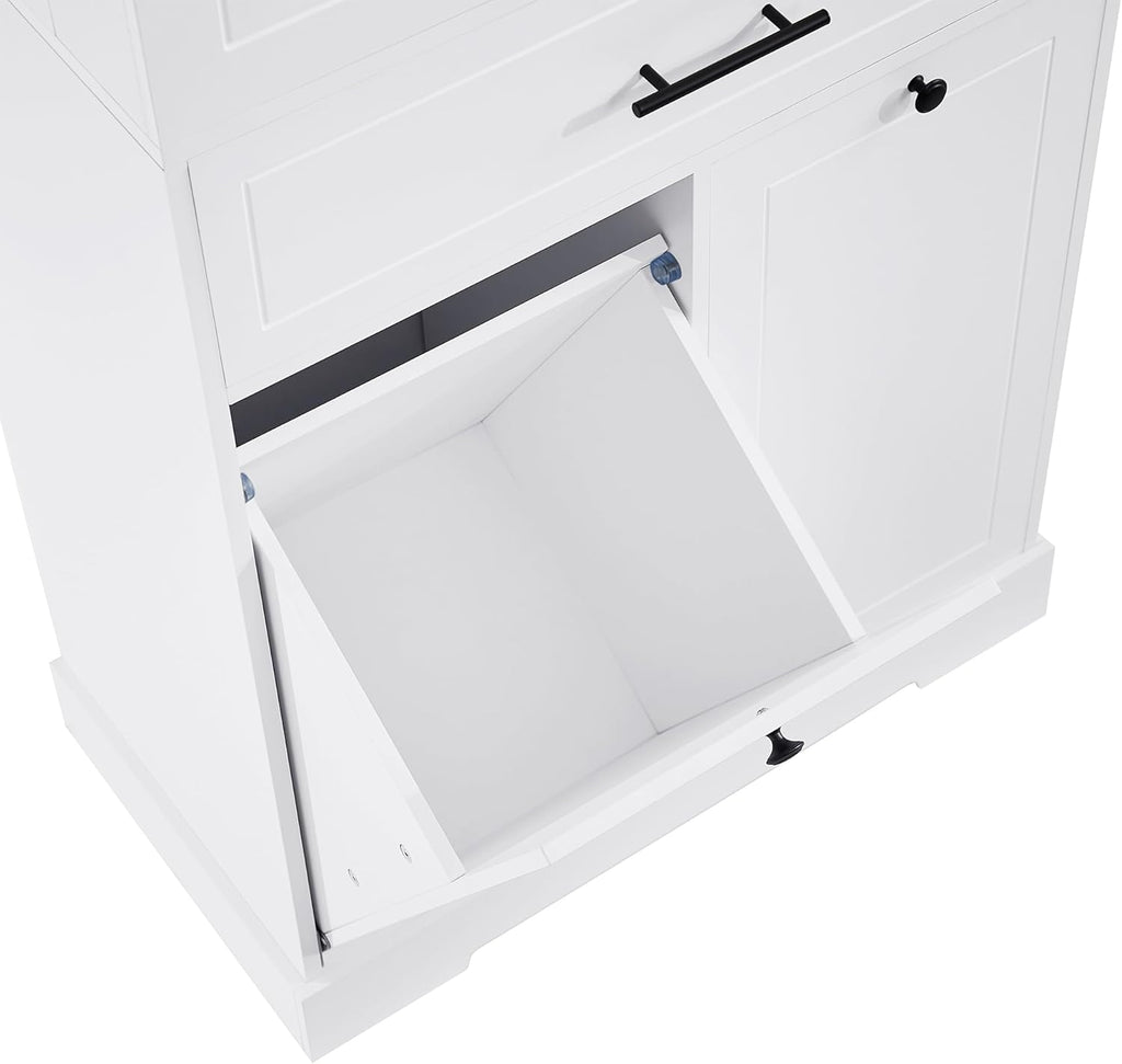 Tall Storage Cabinet Pantry Cupboard with Laundry Hamper and Door Rack Organizer for Bathroom, Kitchen or Enterway, Adjusatble Shelf, White