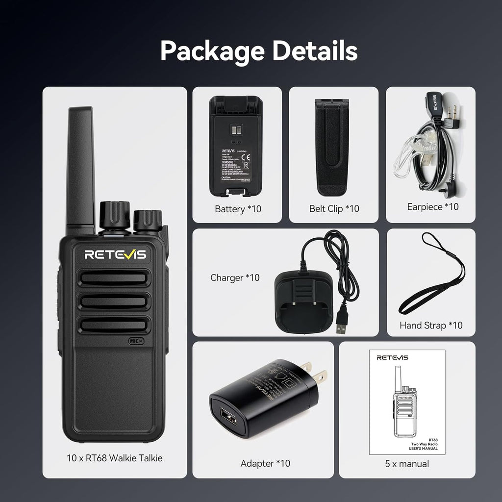 Retevis RT68 Two-Way Radios Long Range, Walkie Talkies for Adults, 2 Way Radio with Earpiece, Walkie Talkie Rechargeable with Charging Base, for Manufacturing Restaurant Business School(10 Pack)