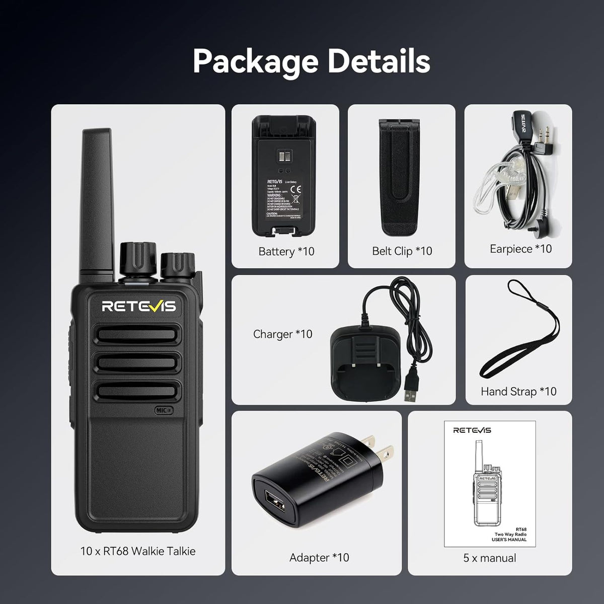 Retevis RT68 Two-Way Radios Long Range, Walkie Talkies for Adults, 2 Way Radio with Earpiece, Walkie Talkie Rechargeable with Charging Base, for Manufacturing Restaurant Business School(10 Pack)