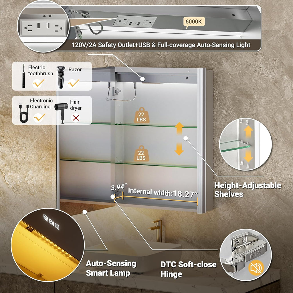 Lighted Medicine Cabinet Mirror with Lights & Smart Night Lamp -20x26 Surface or Recessed Medicine Cabinet Mirror with Outlet & Clock,Fogless Dimmable LED Storage Mirror,Built-in Sensor Light