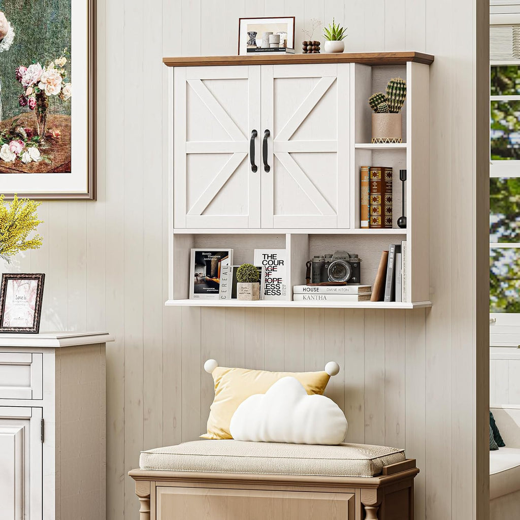 Bathroom Wall Cabinet, Farmhouse Medicine Cabinet with Double Barn Door and Adjustable Wood Shelf, Over The Toilet Storage Cabinet for Wall Mounted for Bathroom Laundry Room Kitchen (White and Brown)