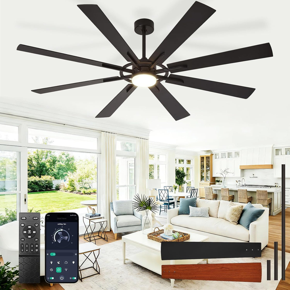 Large Ceiling Fans with Lights: Modern 72 Inch 8 Blade Outdoor Ceiling Fan with Remote APP Control - Dimmable Black Big Fan light Indoor Reversible 6 Speed Quiet DC Motor