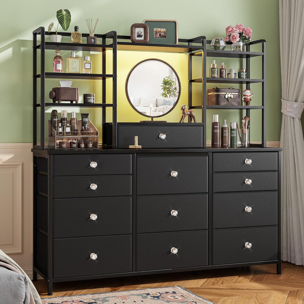 Romorgniz Black Dresser for Bedroom with 12 Drawers & LED Lights, Fabric Dressers & Chests of Drawers with Open Shelves, Vanity Dresser Organizer with Metal Frame Wooden Shelf for Entryway Closet
