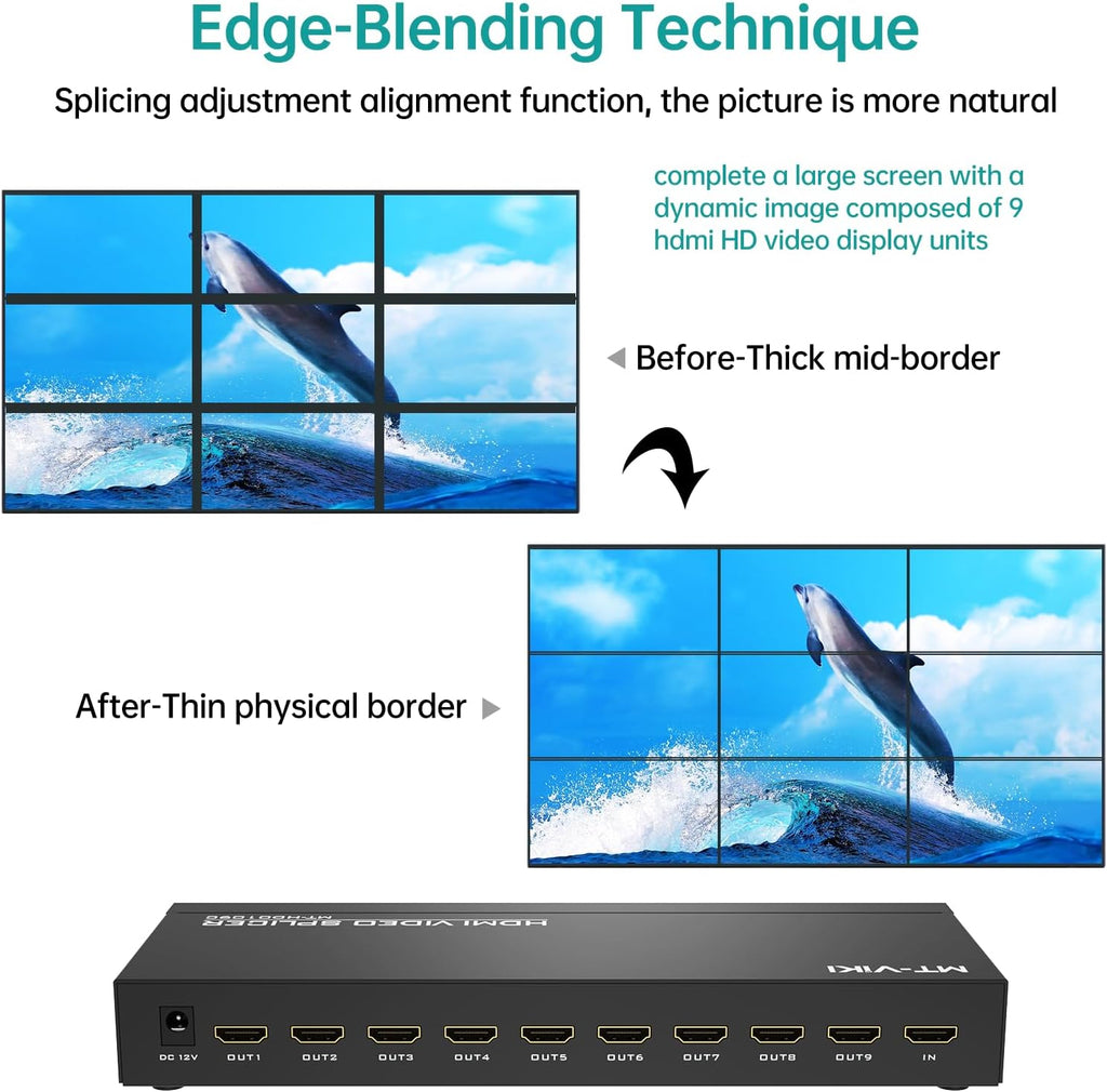 MT-VIKI Video Wall Controller 3x3, HDMI Video Wall Support UHD 4K Input & 1080P Output for 9 TV Splicing Display, 9 Channel Video Wall Processor