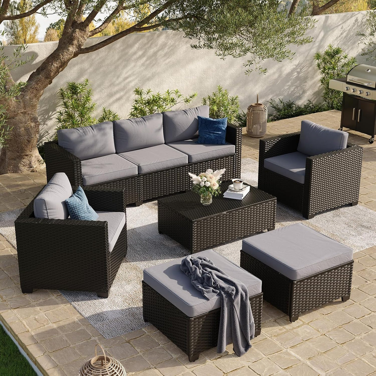 Aoxun 8 Piece Outdoor Patio Furniture Set 7 Seats, Outdoor Sectional,Grey