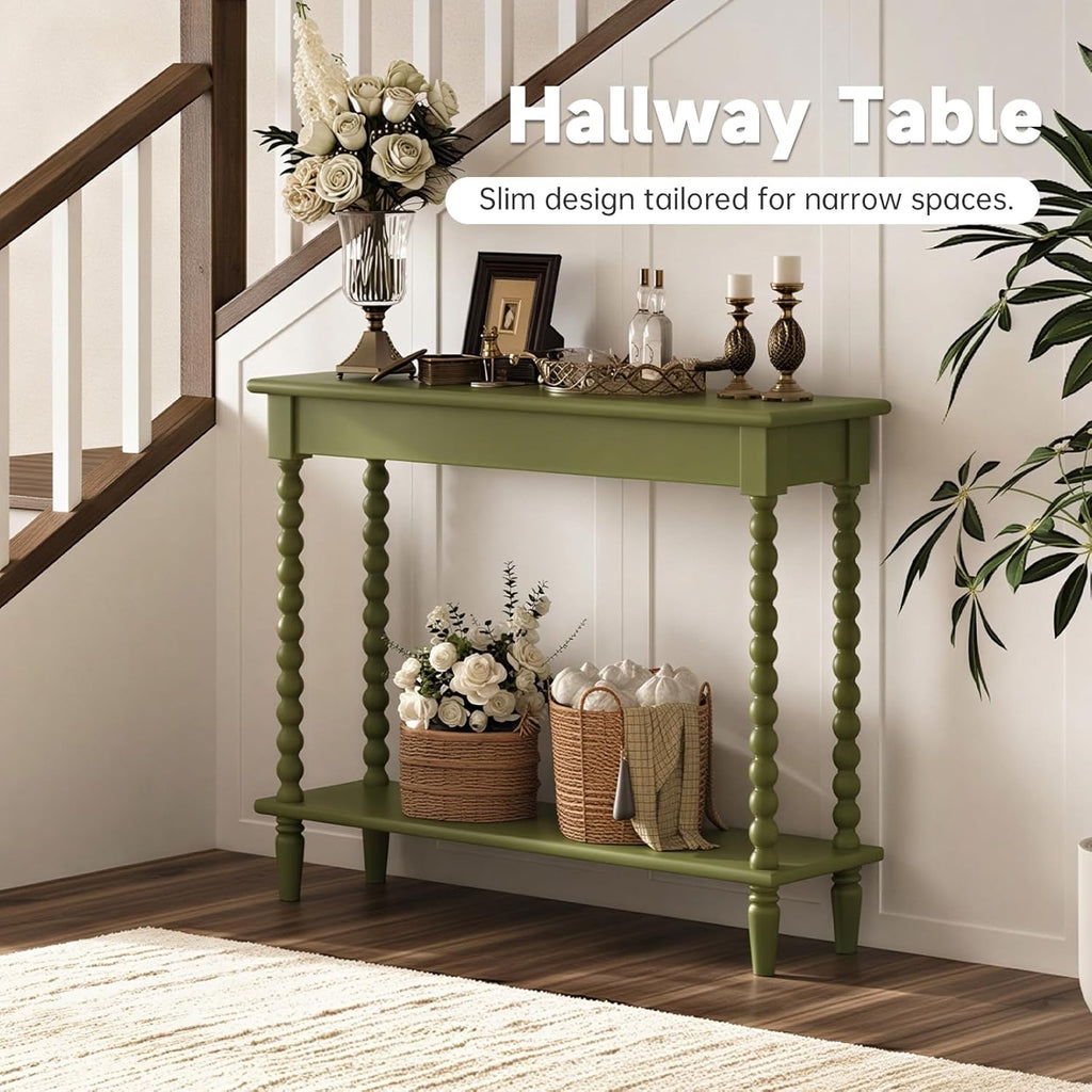 45'' Vintage Console Table, 100% Solid Wood Tall Entryway Table with 2-Tier Storage for Entrance, Hallway, Foyer, Living Room, Narrow Couch Table Behind Sofa, Minimal Assembly, Green