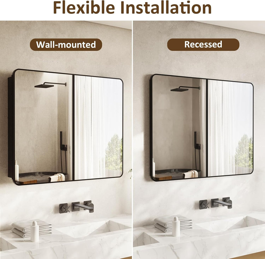 Medicine Cabinet Mirror 30x36 Inch, Double-Sided Bathroom Mirror Cabinet with Adjustable Glass Shelves, 2-Compartment Bathroom Mirror with Storage Recessed or Wall Mount