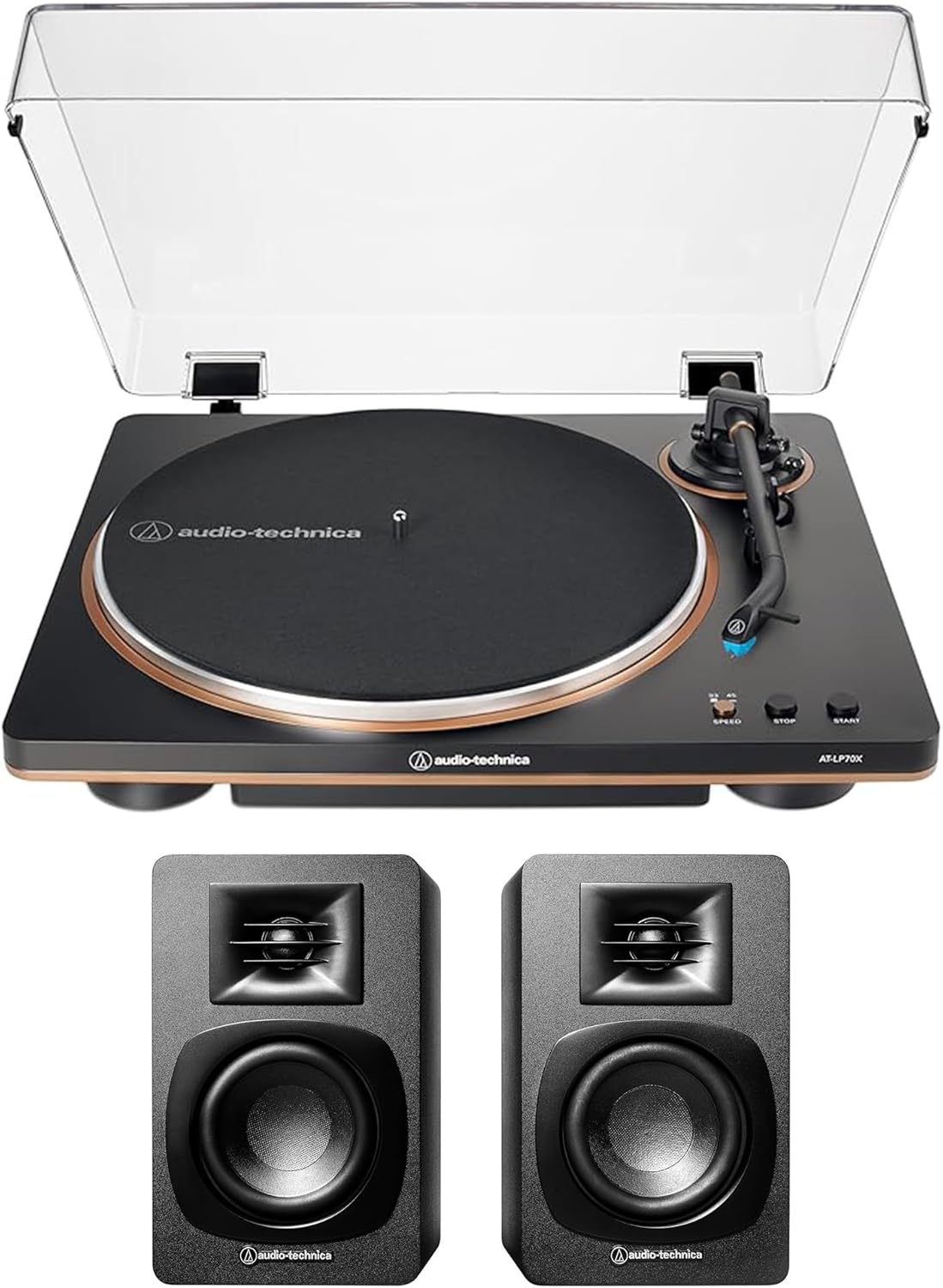Audio Technica AT-LP70X-BZ Automatic Belt Drive Turntable - Black/Bronze with Audio Technica AT-SP3X Powered Bookshelf Speakers (2024)