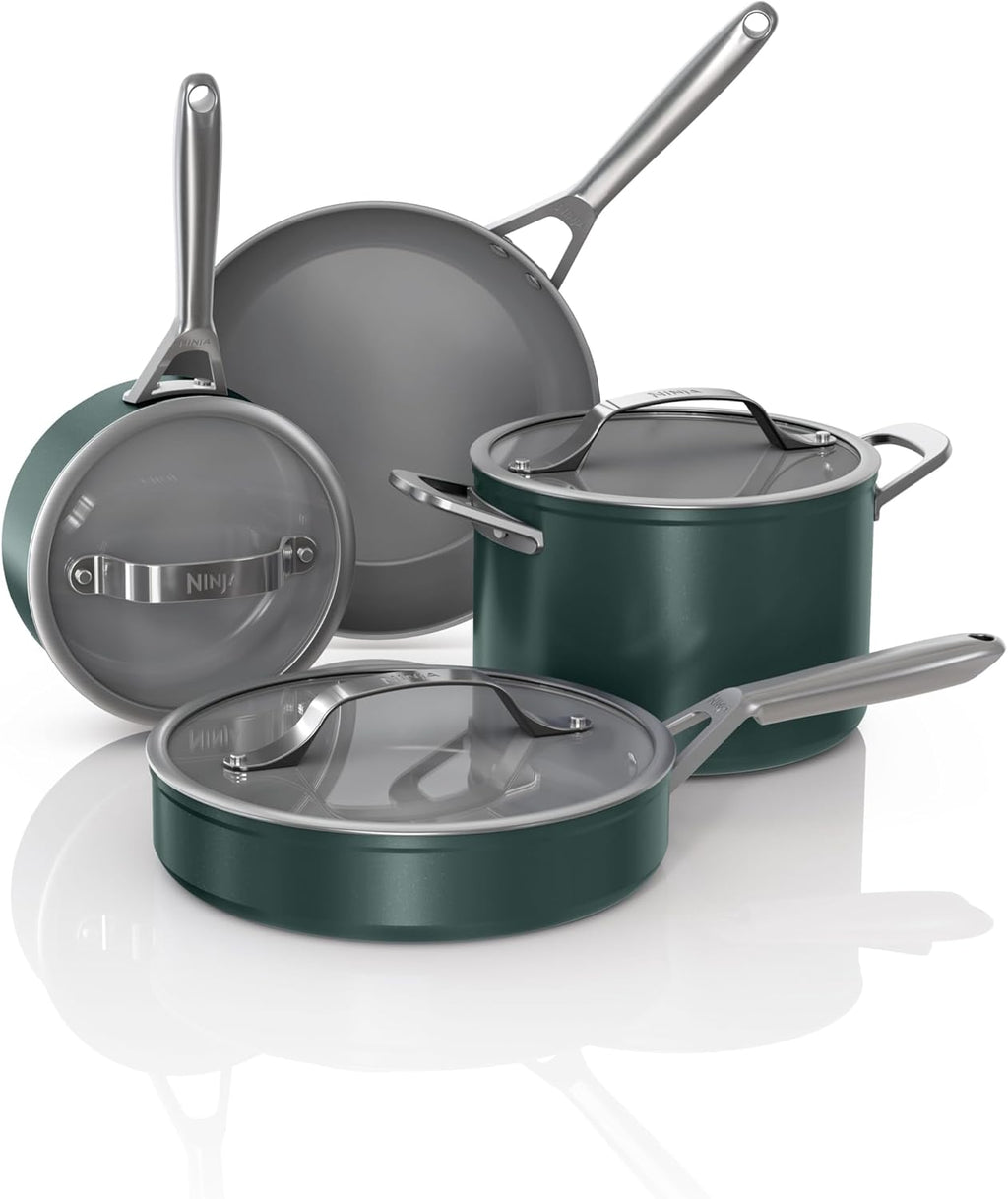 Ninja Ceramic Pro 7Pc Cookware Set, NonStick Pots & Pans Set with Glass Lids, Nontoxic, PTFE Free, Ceramic Coated, Oven Safe, All Stovetops & Induction Compatible, British Racing Green, CW39007GN
