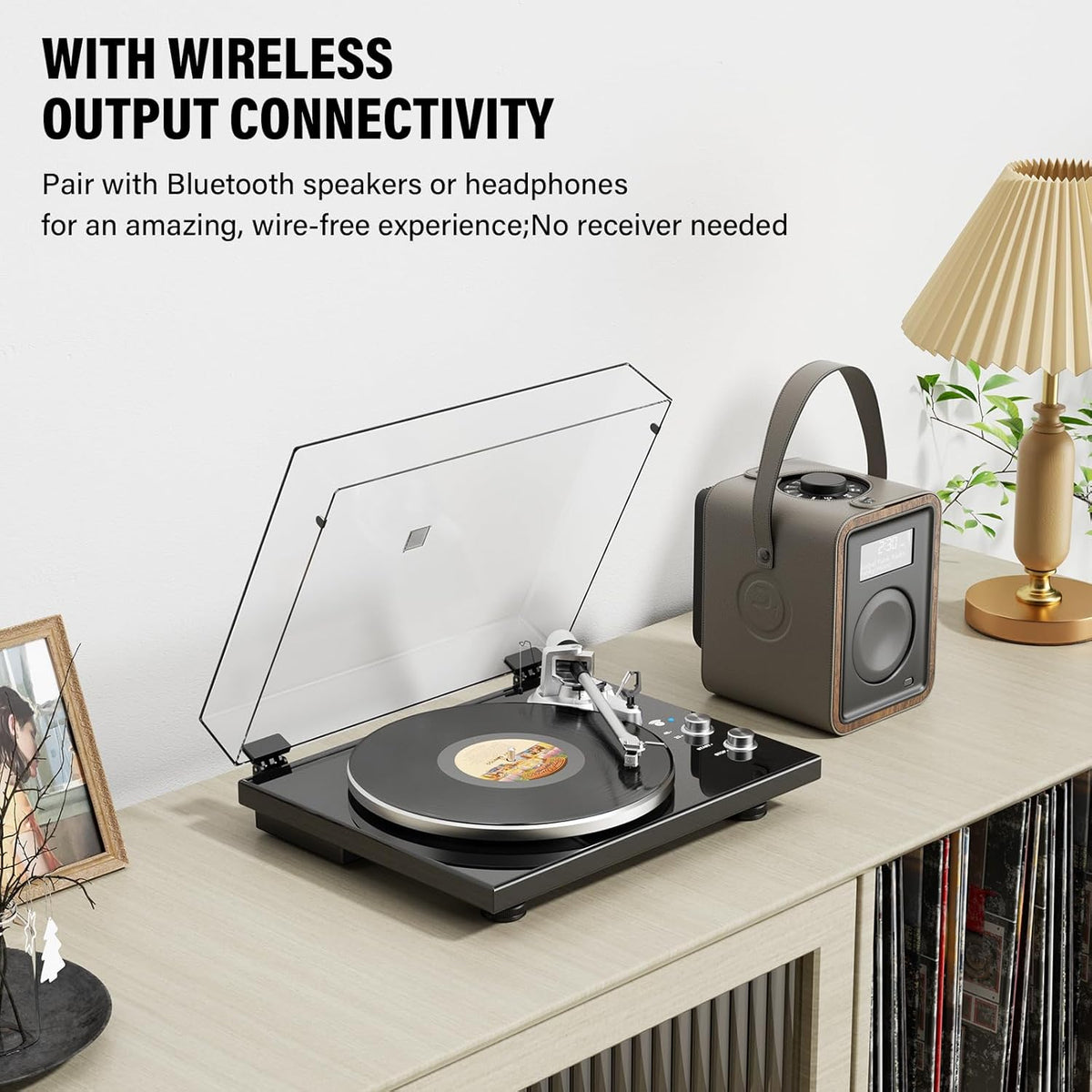 Belt Drive Turntable for Vinyl Record Player, Bluetooth Output, Built-in Phono Preamp, USB Digital Output, Magnetic Cartridge, 33/45 RPM, High-Gloss Wood Design, No Built-in Speakers