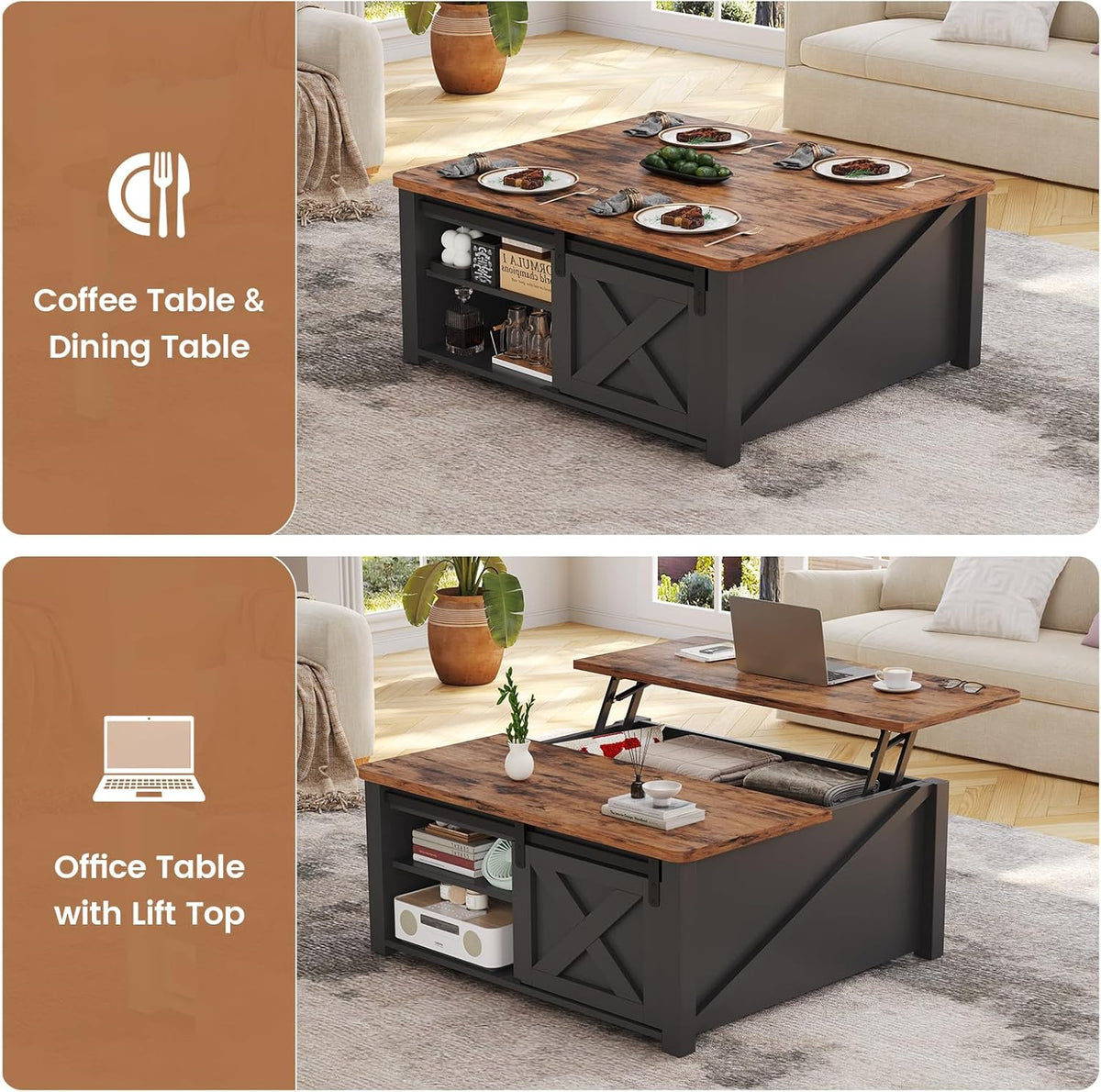 SEDETA 31.5" Lift Top Coffee Table with Storage, Square Coffee Tables for Living Room, Farmhouse Coffee Table with Large Hidden Storage Compartment and Adjustable Shelves, Black