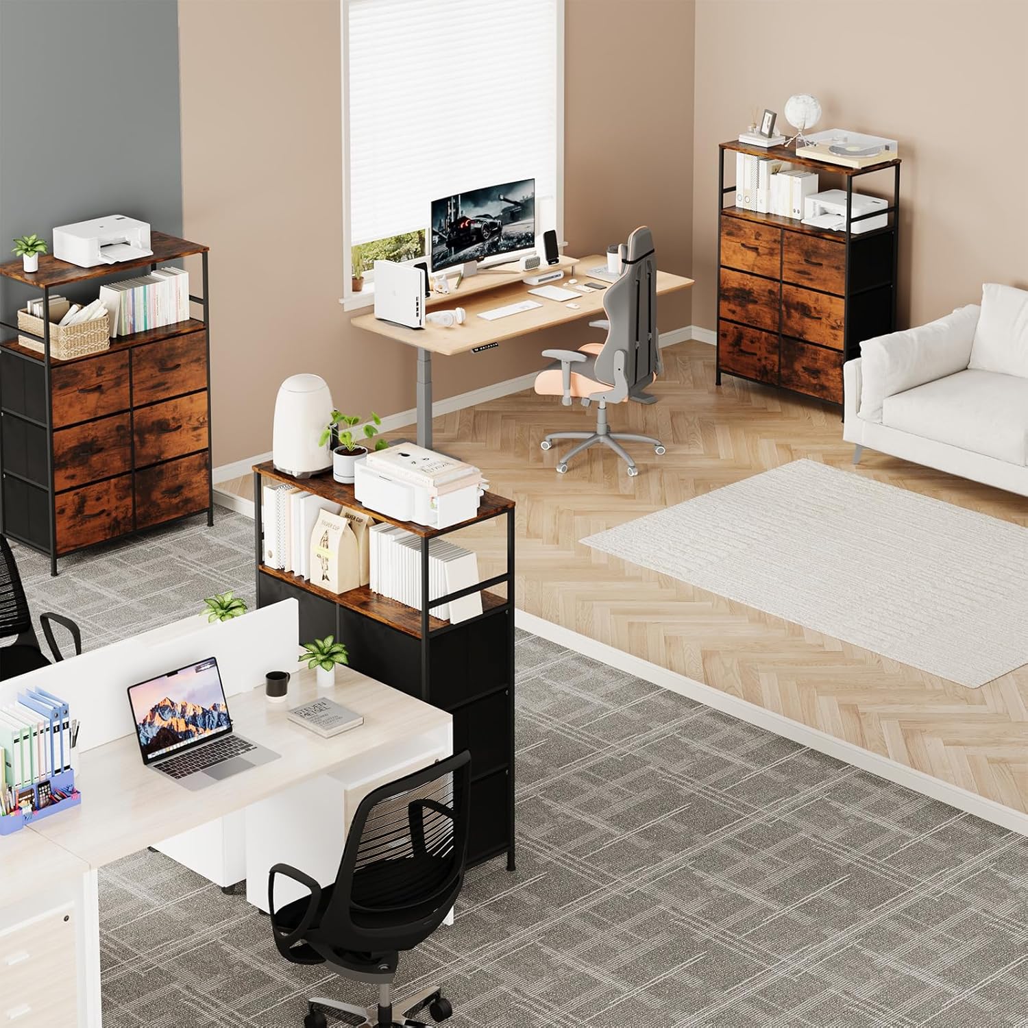 DreamDashio 51" H Tall Mobile File Cabinet, Rolling Printer Stand with 6 Drawers, Adjustable Hanging Rails for A4/Letter/Legal Files, Fabric Vertical Filing Cabinet for Home Office, Rustic Brown