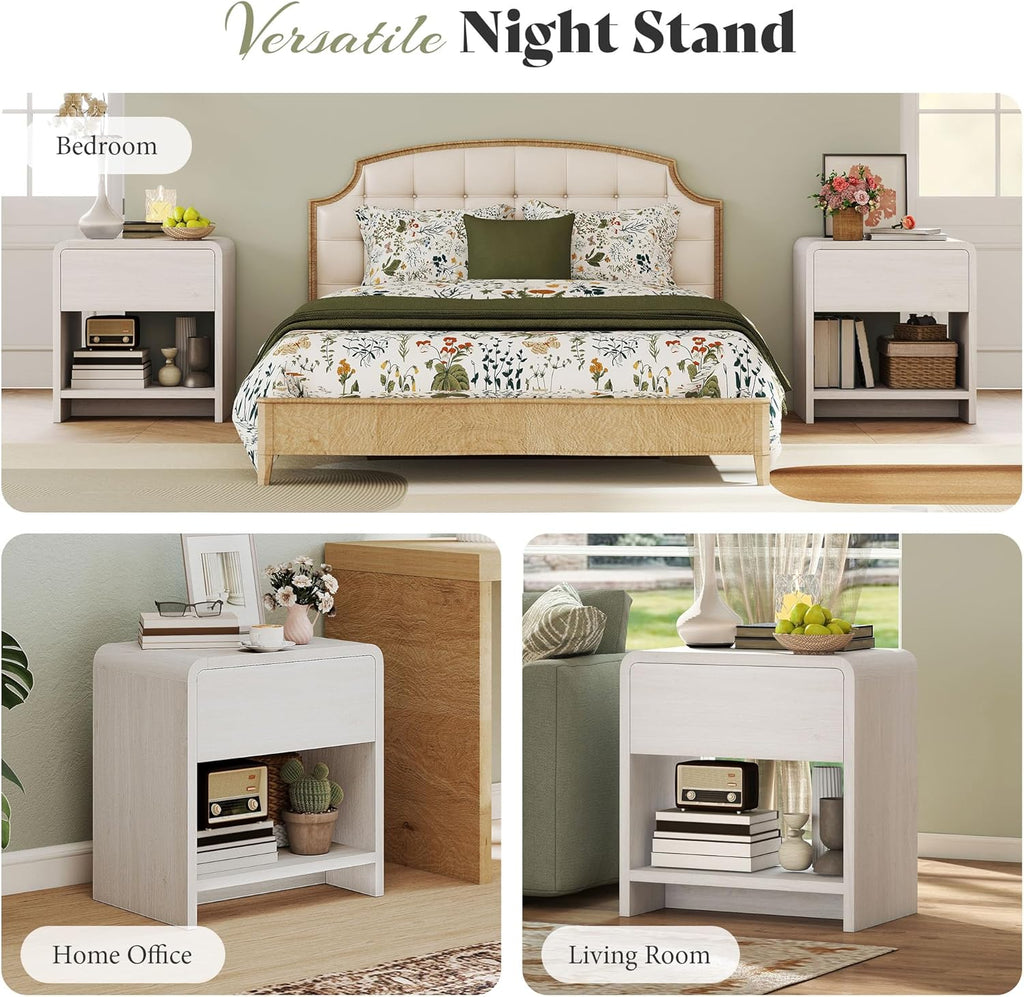 AMERLIFE Modern Night Stand Set 2 with Storage Drawer & Open Shelves, 24" Round Bedside Table Nightstand with Curved Top Corners for Bedroom Living Room Sofa Office, End Table for Small Spaces, White