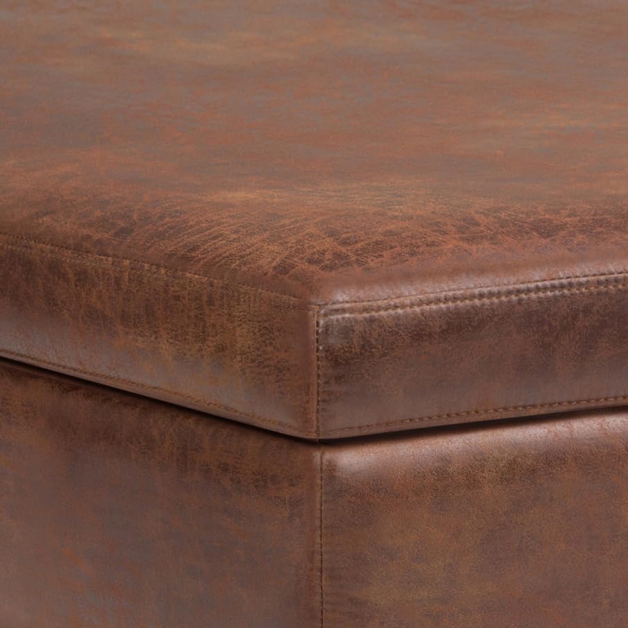 SIMPLIHOME Owen XL Square Coffee Table Storage Ottoman - 40 inch Wide Upholstered Vegan Leather Lift-Top Ottoman in Distressed Saddle Brown, Mid-Century Modern Ottoman for Living Room with Storage