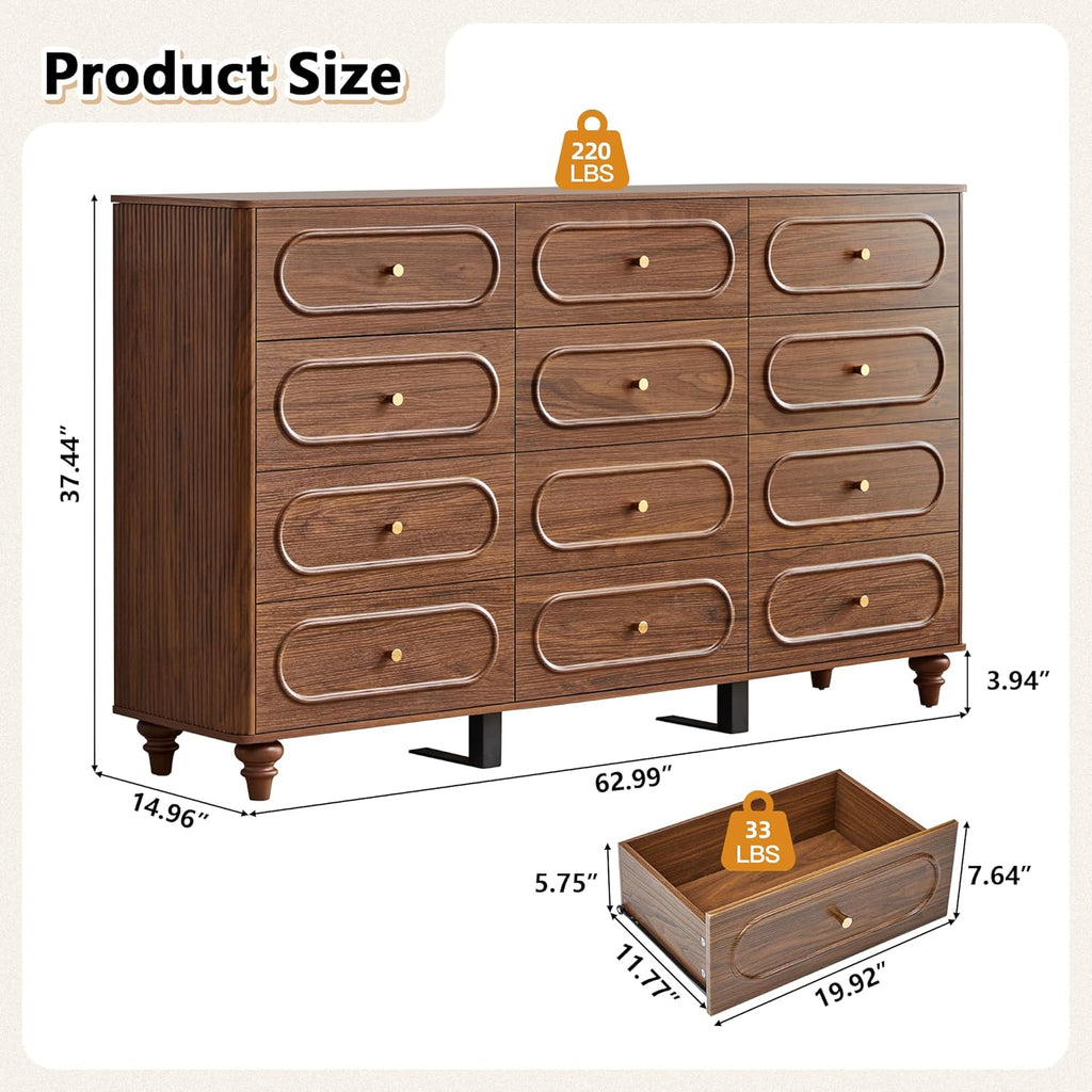 ORRD 12 Drawer Fluted Dresser for Bedroom, Mid Century Modern Chest of Drawers, Wood Storage Small Dresser Organizer for Bedroom Living Room Hallway Closet, Walnut