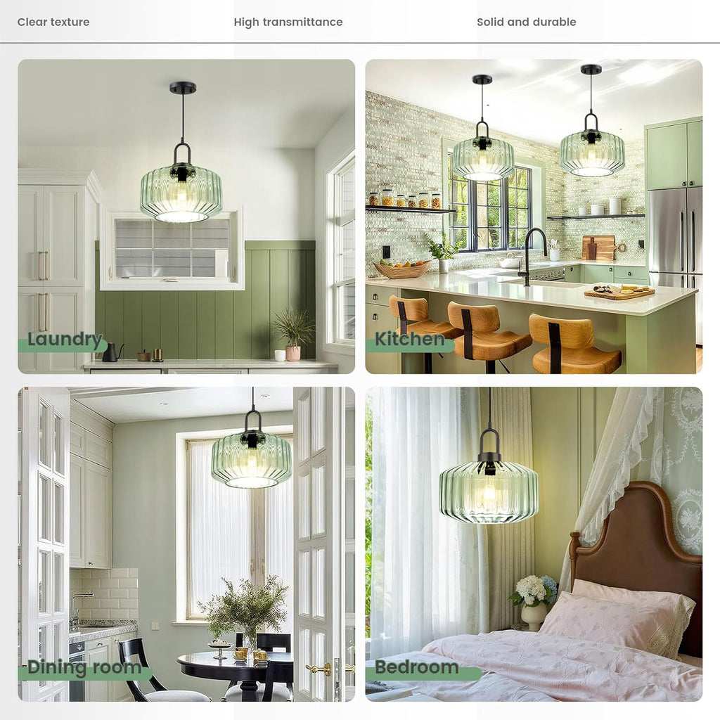 Modern Hanging Lights Light Green Pendant Light Fixtures Mid Century Large Glass Pendant Lights 11" Striped Glass Shade Black Schoolhouse Ceiling Light Fixture Kitchen Hanging Lamp