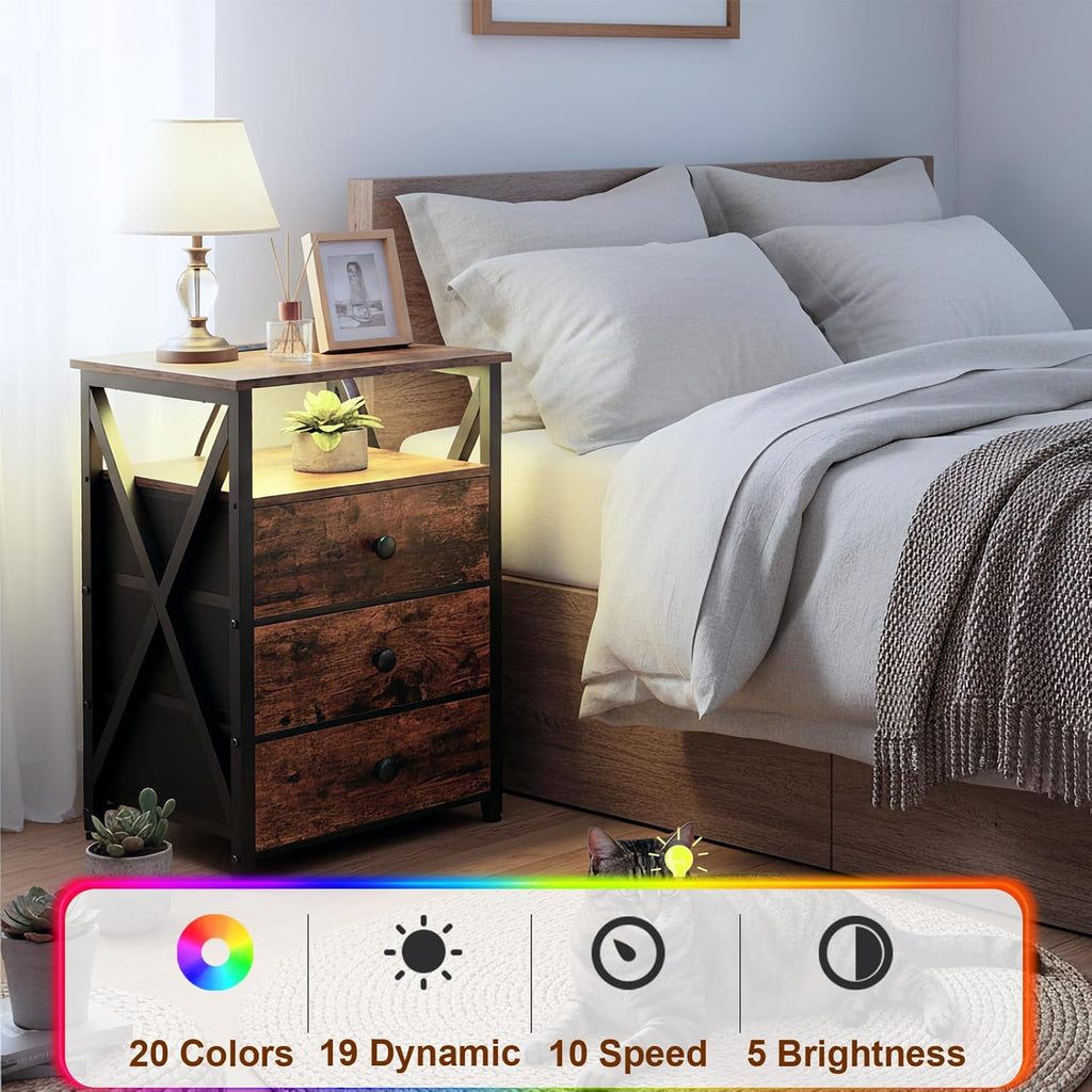 AMHANCIBLE Night Stand Set 2, LED Nightstand with Charging Station, End Side Tables with USB Port & Outlet, Bedside Tables with 3 Fabric Drawers for Bedroom, Rustic Brown HET053LBR