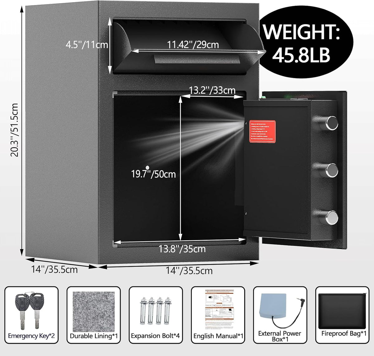 2.8 CUB Drop Safe for Business, Electronic Safe Box with Digital Combination and Anti-Fishing, Depository Safes with Fireproof Waterproof Document Bag, Security Safe for Slips Expense Office Home