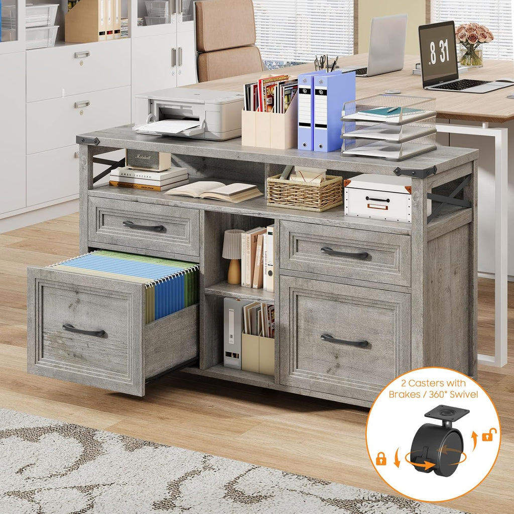 Vabches Farmhouse Filing Cabinet with Adjustable Shelf & Wheels, Lateral File Cabinets, Office Storage Cabinet with 4 Drawers and Open Storage Space, for Hanging Files Letter/A4, for Home Office.Grey