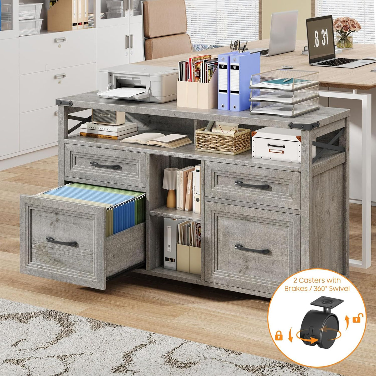 Vabches Farmhouse Filing Cabinet with Adjustable Shelf & Wheels, Lateral File Cabinets, Office Storage Cabinet with 4 Drawers and Open Storage Space, for Hanging Files Letter/A4, for Home Office.Grey
