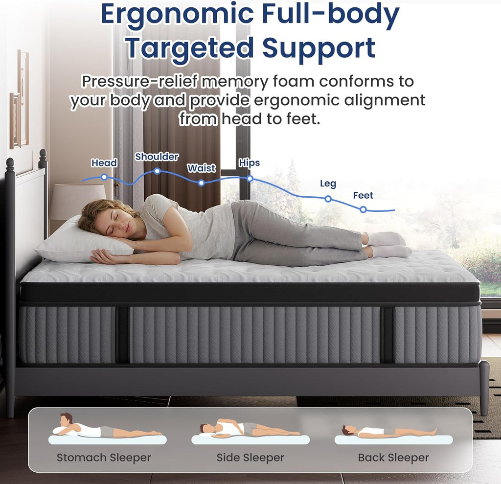 BedStory Medium Firm Queen Mattress 14 Inch, Deep Sleep Hybrid Mattresses 7-Zone Pain Relief - Extra Firm Bed in a Box - Fiberglass Free, CertiPUR-US Certified, 365-Night Trial, 10 Years Warranty