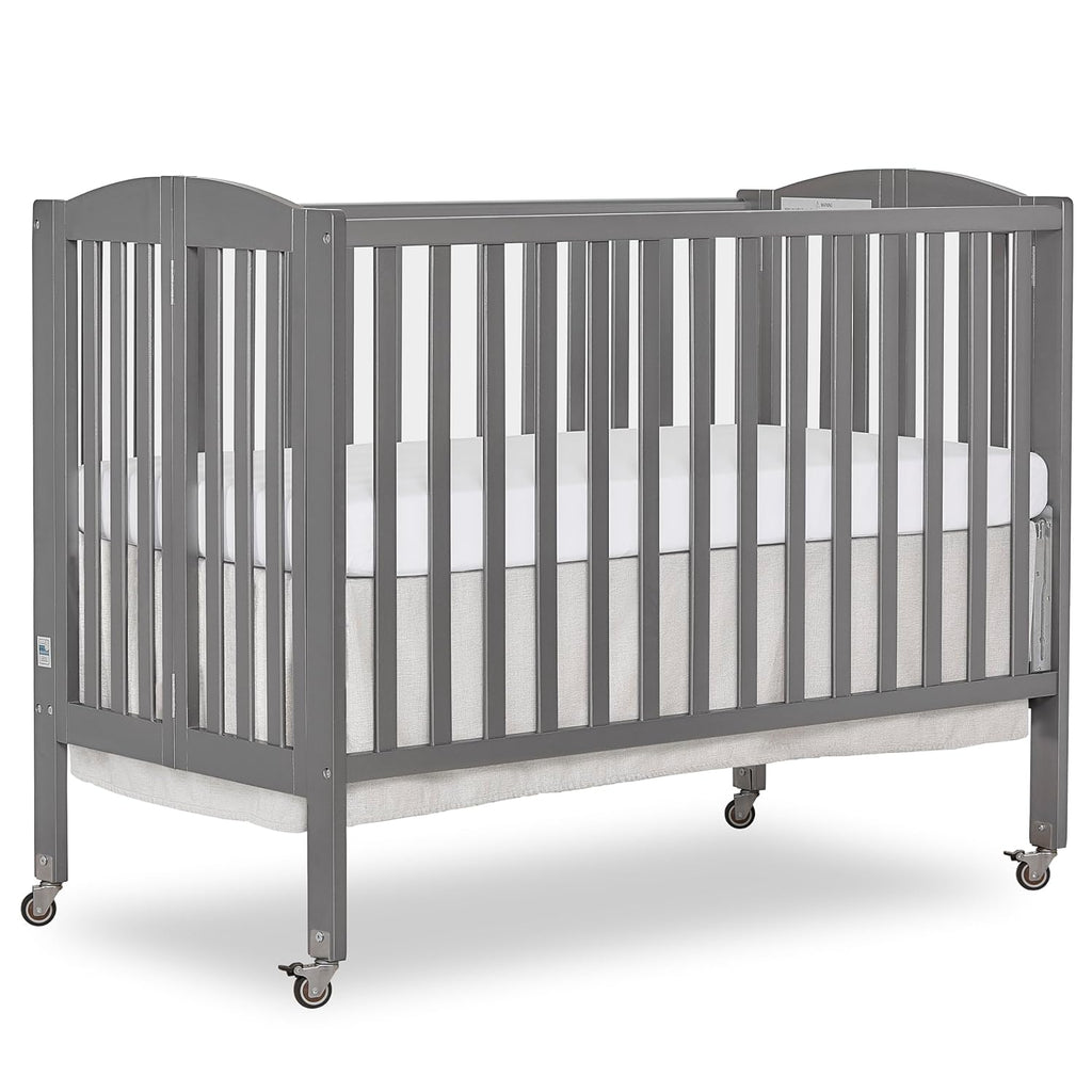 Dream On Me Full-Size 2-in-1 Folding Baby Crib in Steel Grey, GreenGuard Gold & JPMA, Portable, Patented Quick Folding System, Strong Wheels, 2 Adjustable Mattress Heights