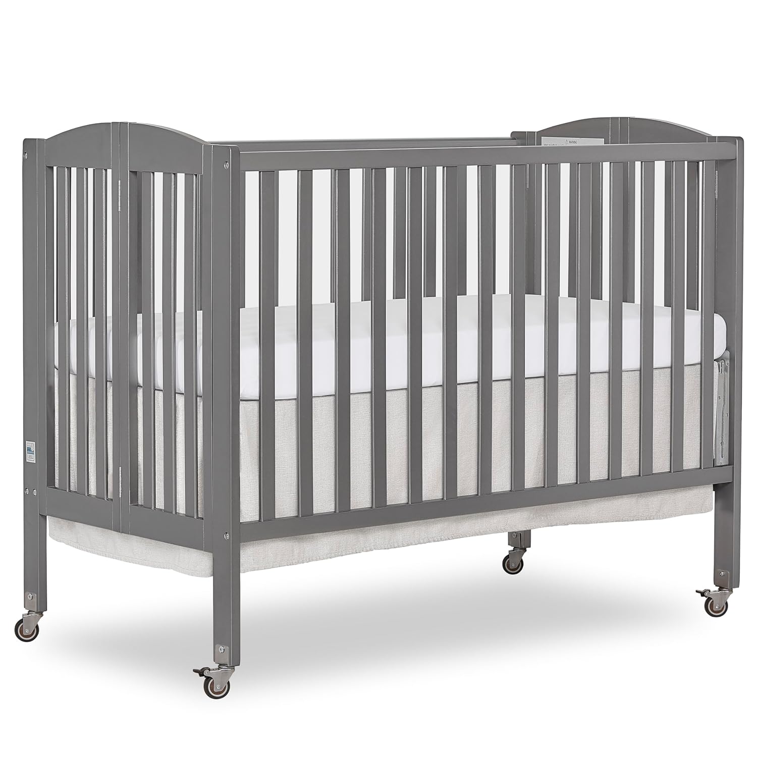 Dream On Me Full-Size 2-in-1 Folding Baby Crib in Steel Grey, GreenGuard Gold & JPMA, Portable, Patented Quick Folding System, Strong Wheels, 2 Adjustable Mattress Heights