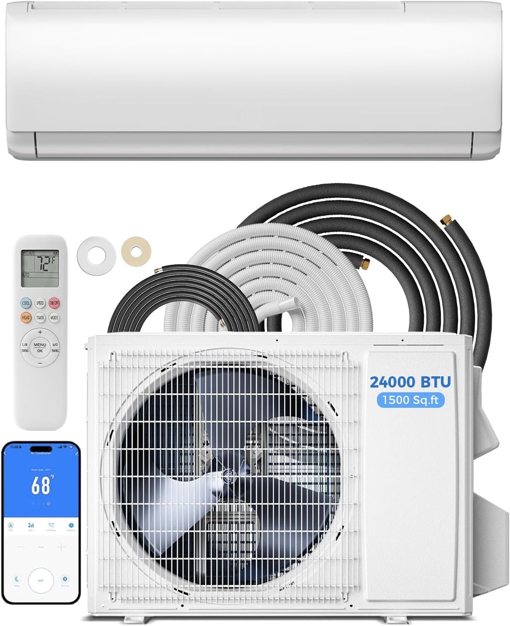 Feelfunn 24000 BTU Mini Split AC/Heating System, 19 SEER2 208-230V, Cools Rooms up to 1250 Sq.Ft, Air Conditioner with Installation Kit, Remote, Wi-Fi Control, Low Noise, Compatible with Alexa