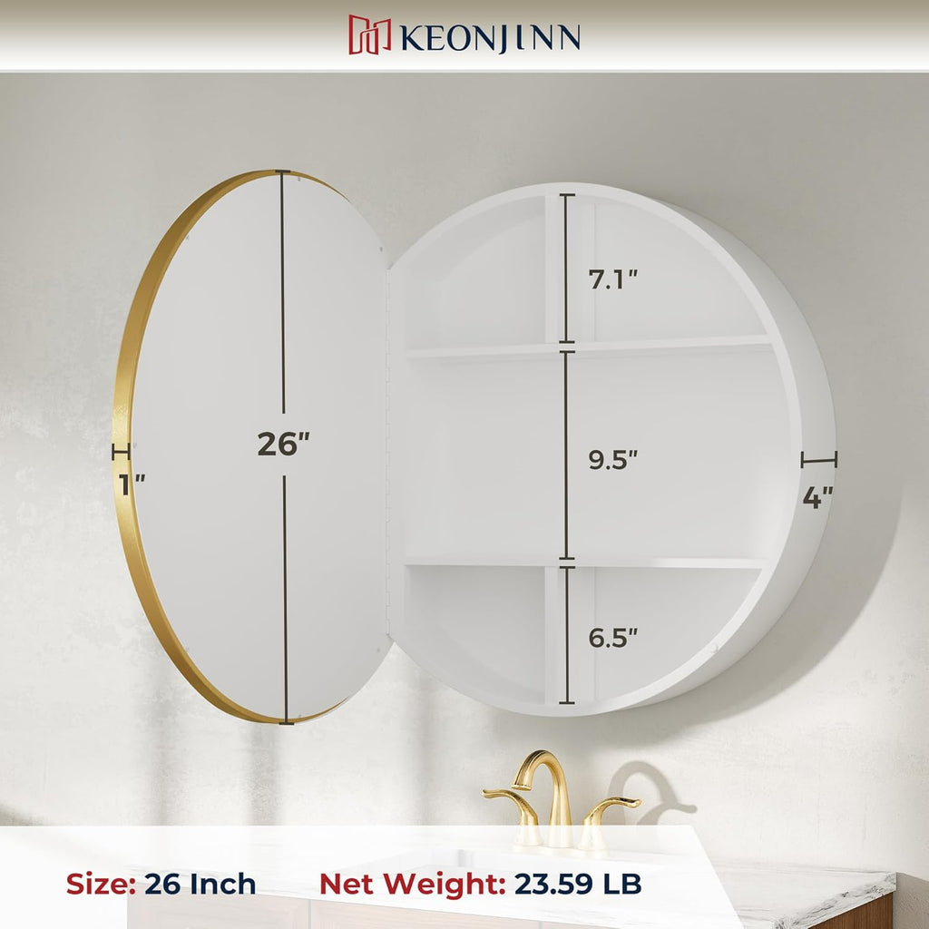 Keonjinn 26 x 26 Round Medicine Cabinets for Bathroom, Gold Surface Mount Metal Framed Medicine Cabinet with Mirror, Modern Medicine Cabinet Wall Mount Only, Farmhouse Mirrored Cabinet with Storage