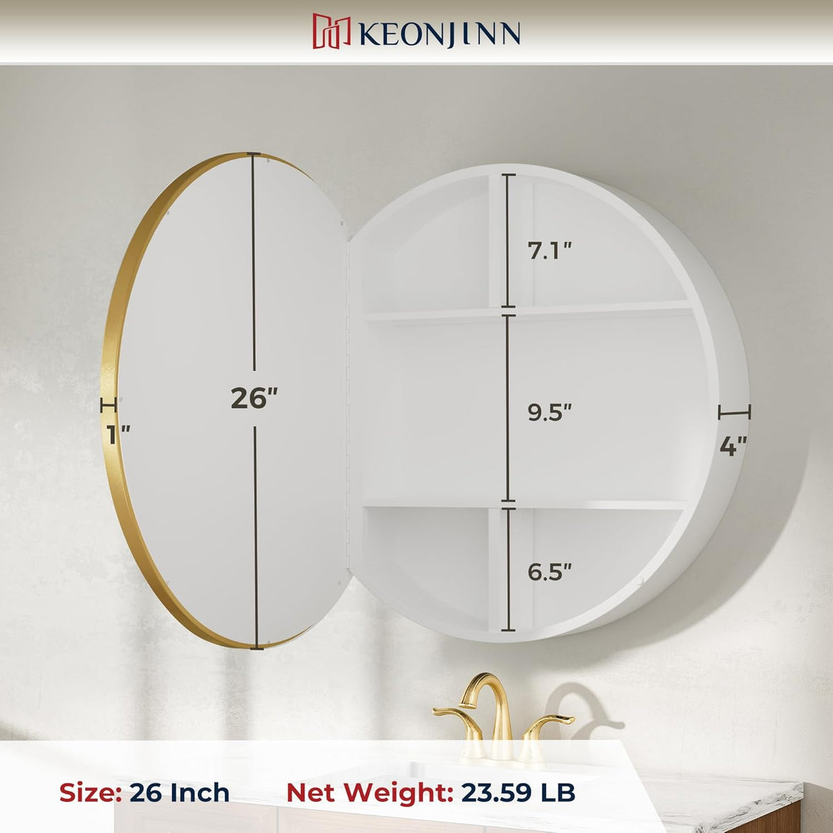 Keonjinn 26 x 26 Round Medicine Cabinets for Bathroom, Gold Surface Mount Metal Framed Medicine Cabinet with Mirror, Modern Medicine Cabinet Wall Mount Only, Farmhouse Mirrored Cabinet with Storage