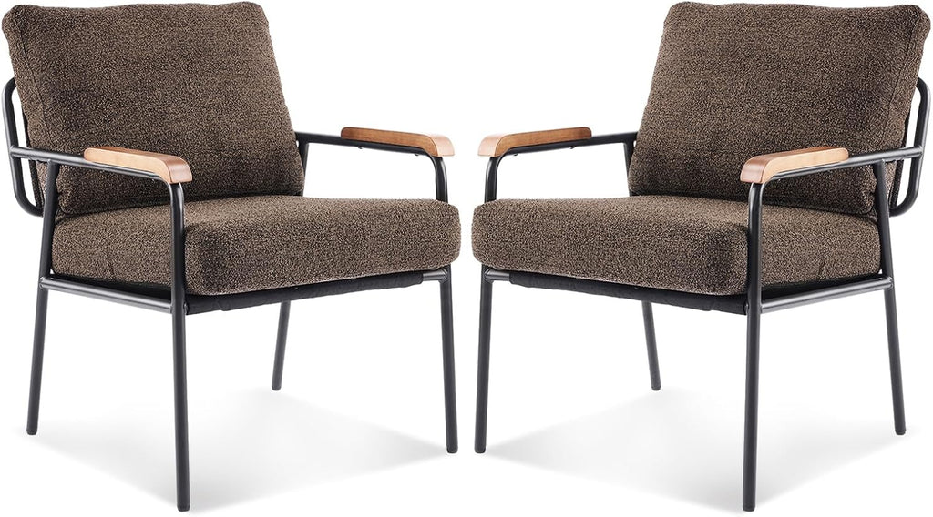 VINGLI Mid-Century Modern Accent Armchiars Set of 2 for Small Space, Small Comfy Upholstered Leisure Reading Chairs with Wood Armrests for Bedroom, Living Room, Waiting Room, Linen Expresso