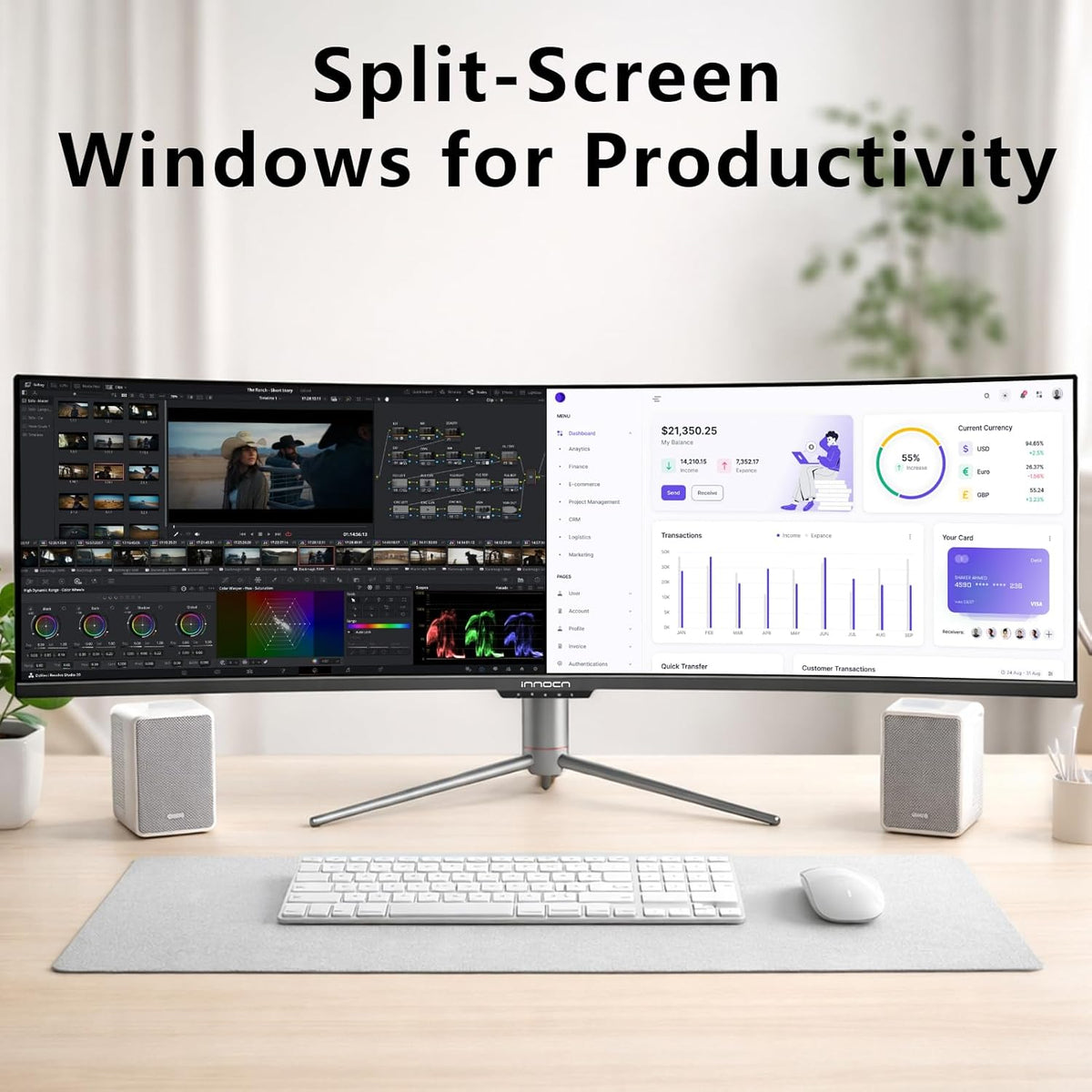 INNOCN Ultrawide 49" Curved 3840 x 1080P 144Hz 32:9 Monitor, Screen Split PIP PBP for Workflow/Gaming, R1800, 99% sRGB, HDR400, USB C, DisplayPort, HDMI, Speakers, Adjustable, Black (HDMI+DP Cable)