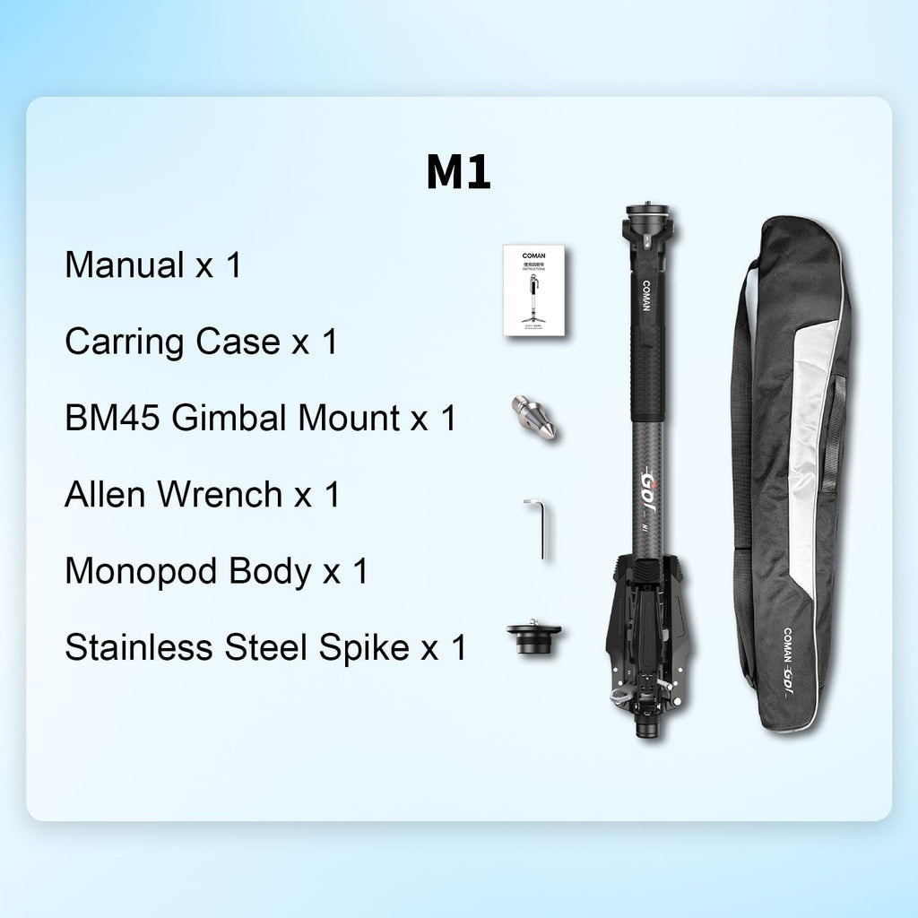 COMAN M1 62.8" Carbon Fiber Monopod for Camera, One-Click Lifting Monopod with feet, Compact for Travel, Max Load 44lbs / 20kg for Camera, DSLR, Camcorder
