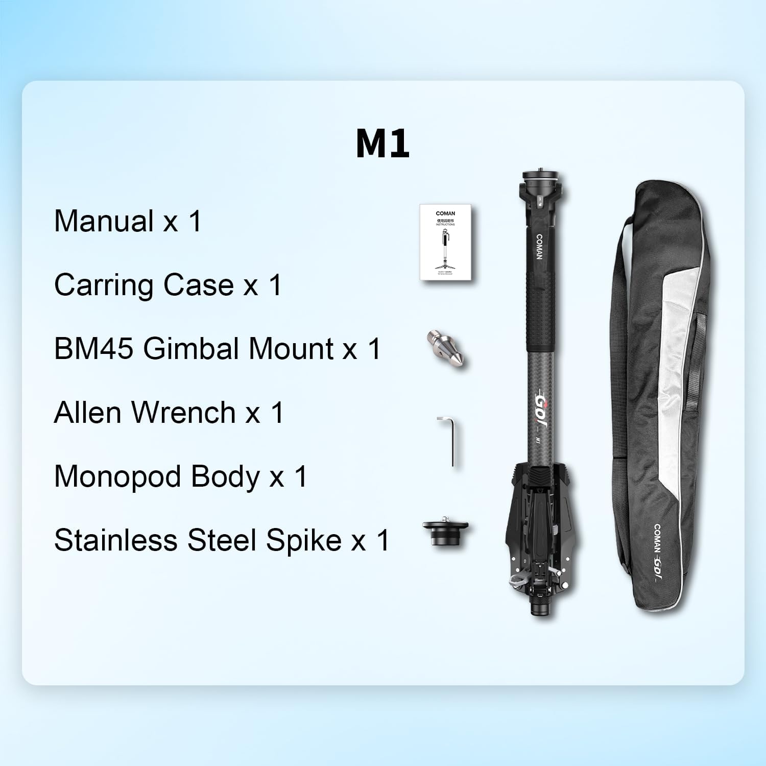 COMAN M1 62.8" Carbon Fiber Monopod for Camera, One-Click Lifting Monopod with feet, Compact for Travel, Max Load 44lbs / 20kg for Camera, DSLR, Camcorder