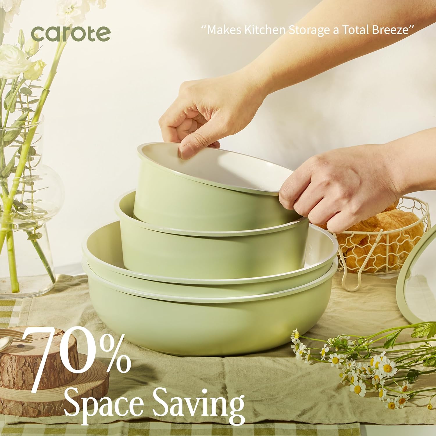 CAROTE 25-Piece Ceramic Cookware Set, Nonstick Pots and Pans Set with Detachable Handle, Non-Toxic Kitchen Cooking Set, Dishwasher & Oven Safe, Induction Compatible, PFAS Free