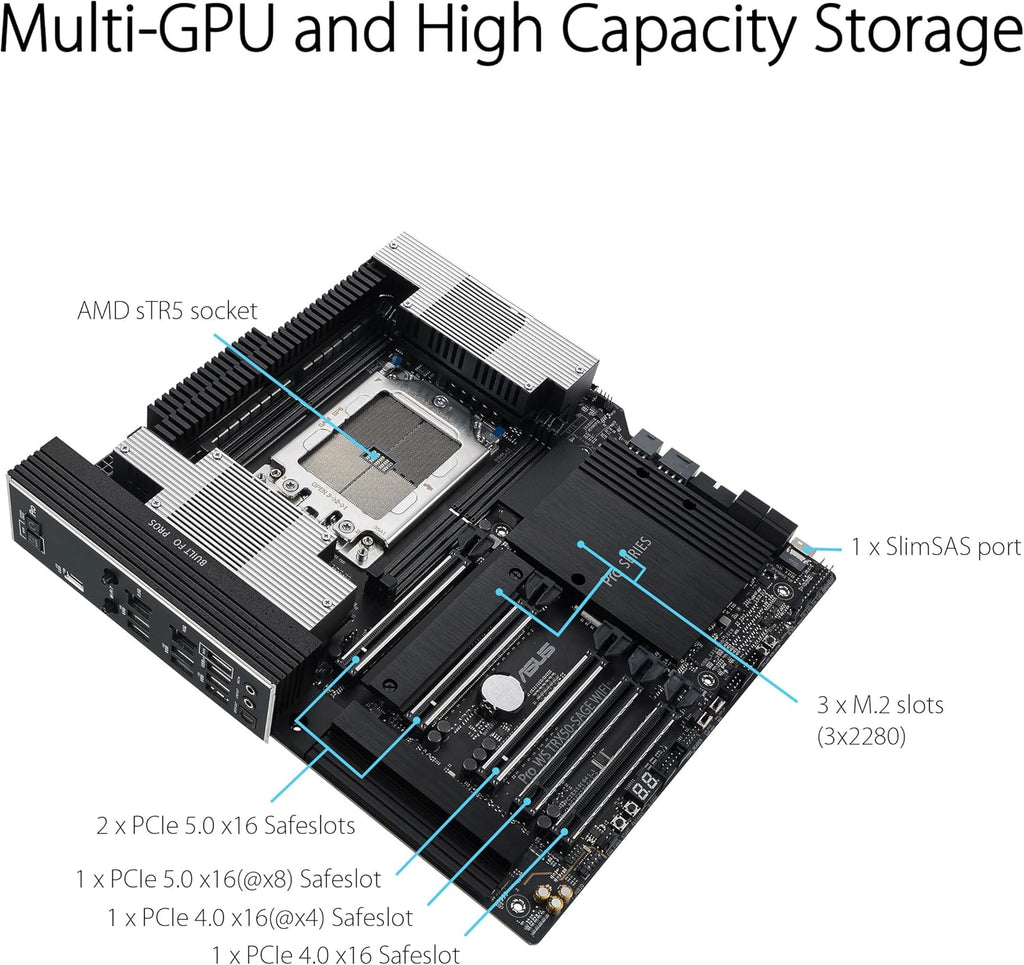ASUS Pro WS TRX50-SAGE WIFI CEB Workstation motherboard, AMD Ryzen Threadripper PRO 7000 WX,ECC R-DIMM DDR5, 36 power-stage, WiFi 7,PCIe 5.0 x 16,PCIe 5.0 M.2, 10 Gb and 2.5 Gb LAN, multi-GPU support.