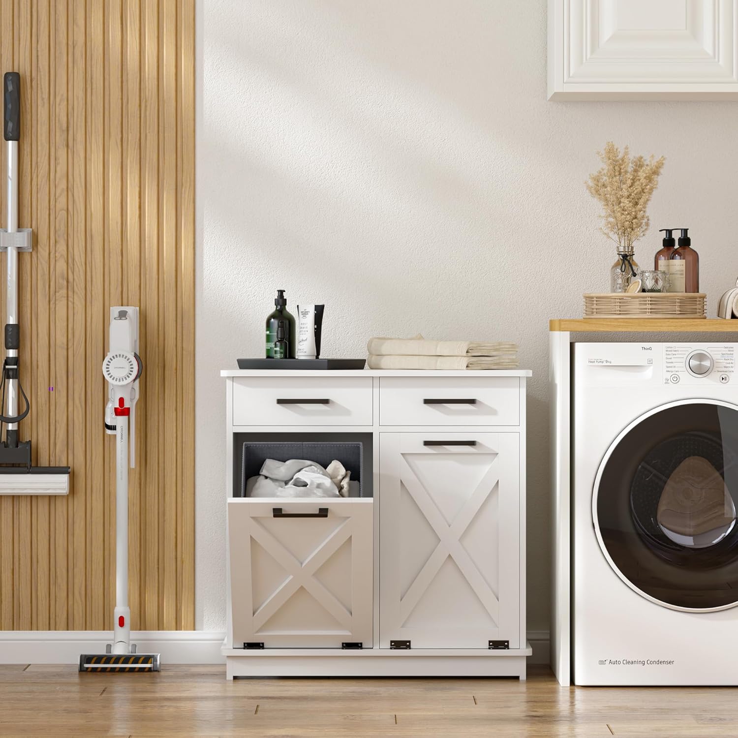 White Double Tilt Out Laundry Hamper Cabinet Laundry Basket Cabinet Hidden Laundry Hamper with 2 Drawers & 2 Baskets for Bathroom,30x30x16in（Barn Door Panel）