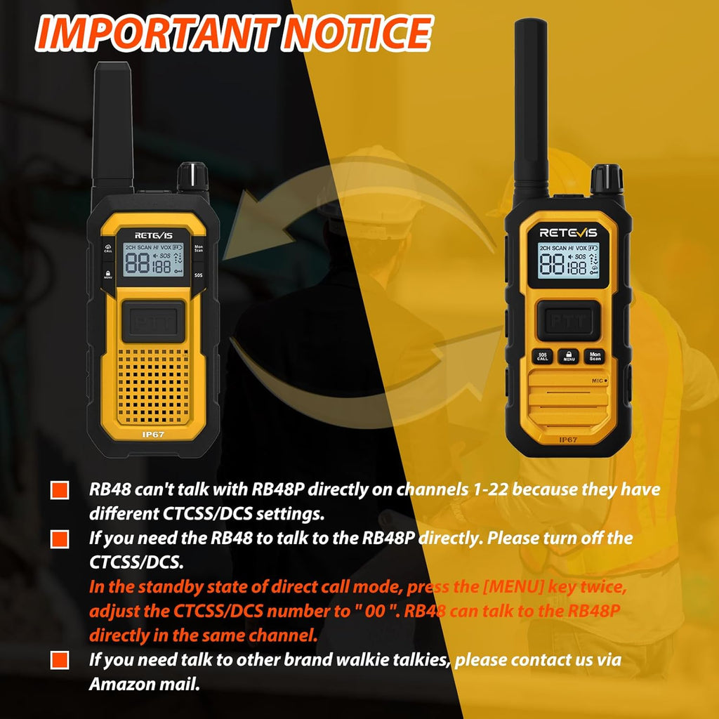 Retevis RB48 Plus IP67 Waterproof Heavy Duty Long Range Walkie Talkies, GMRS Radio, Construction Jobsite Two Way Radio, NOAA, Shock Resistant, Dual PTT, Emergency, Vibration Reminder(4 Pack)